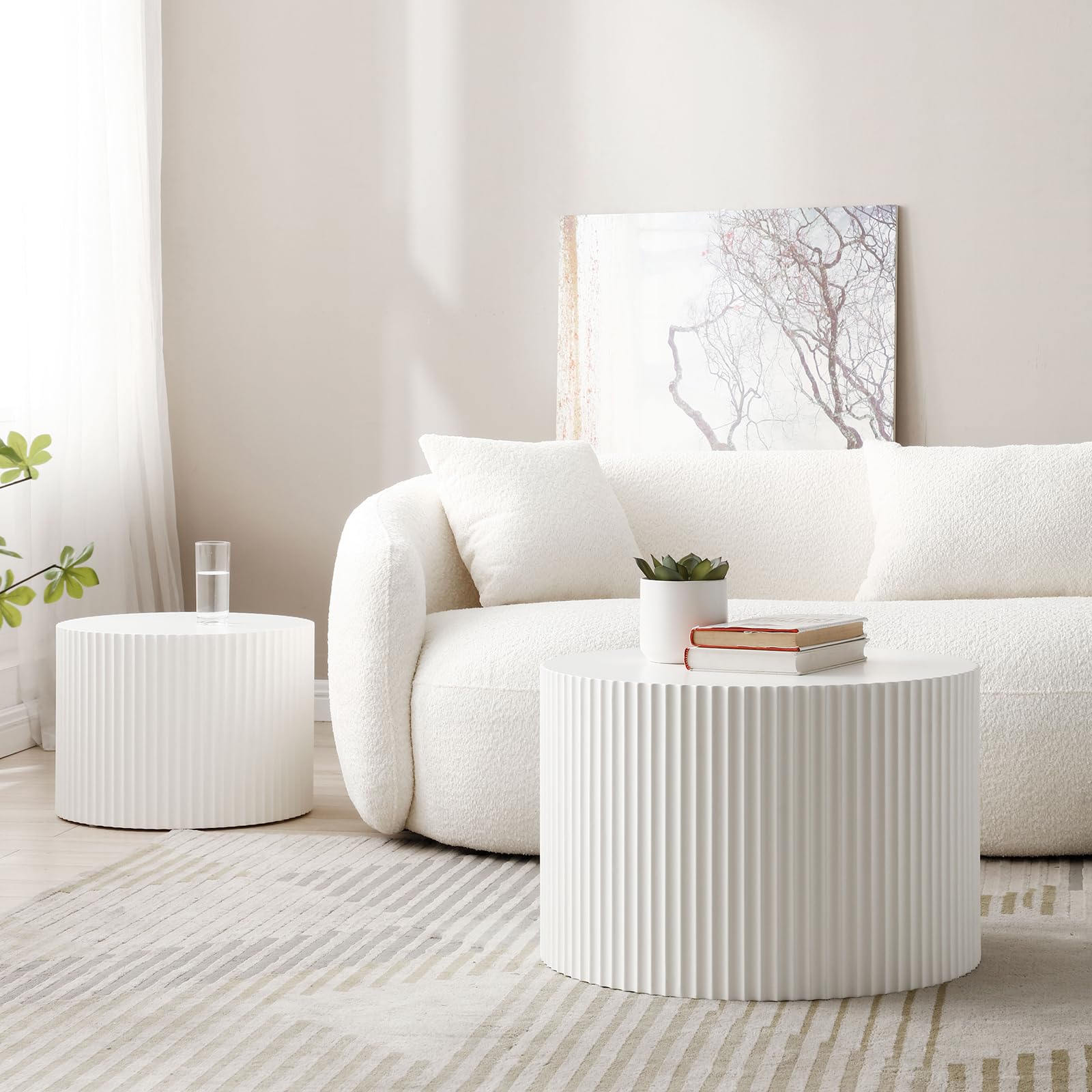 Modern Round Nesting Coffee Table Set of 2 - Handcrafted Wood Drum Side Tables with Embossed Design - White Accent End Tables for Living Room, Bedroom & Office - Perfect for Small Spaces, Coffee Serving & Home Decor