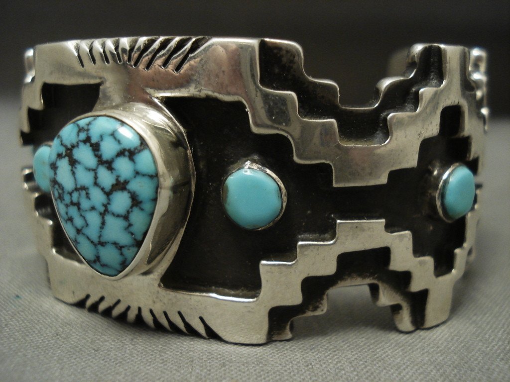 115 Grams Stunning Navajo Lone Mntn Turquoise Native American Jewelry Silver Geometric Bracelet