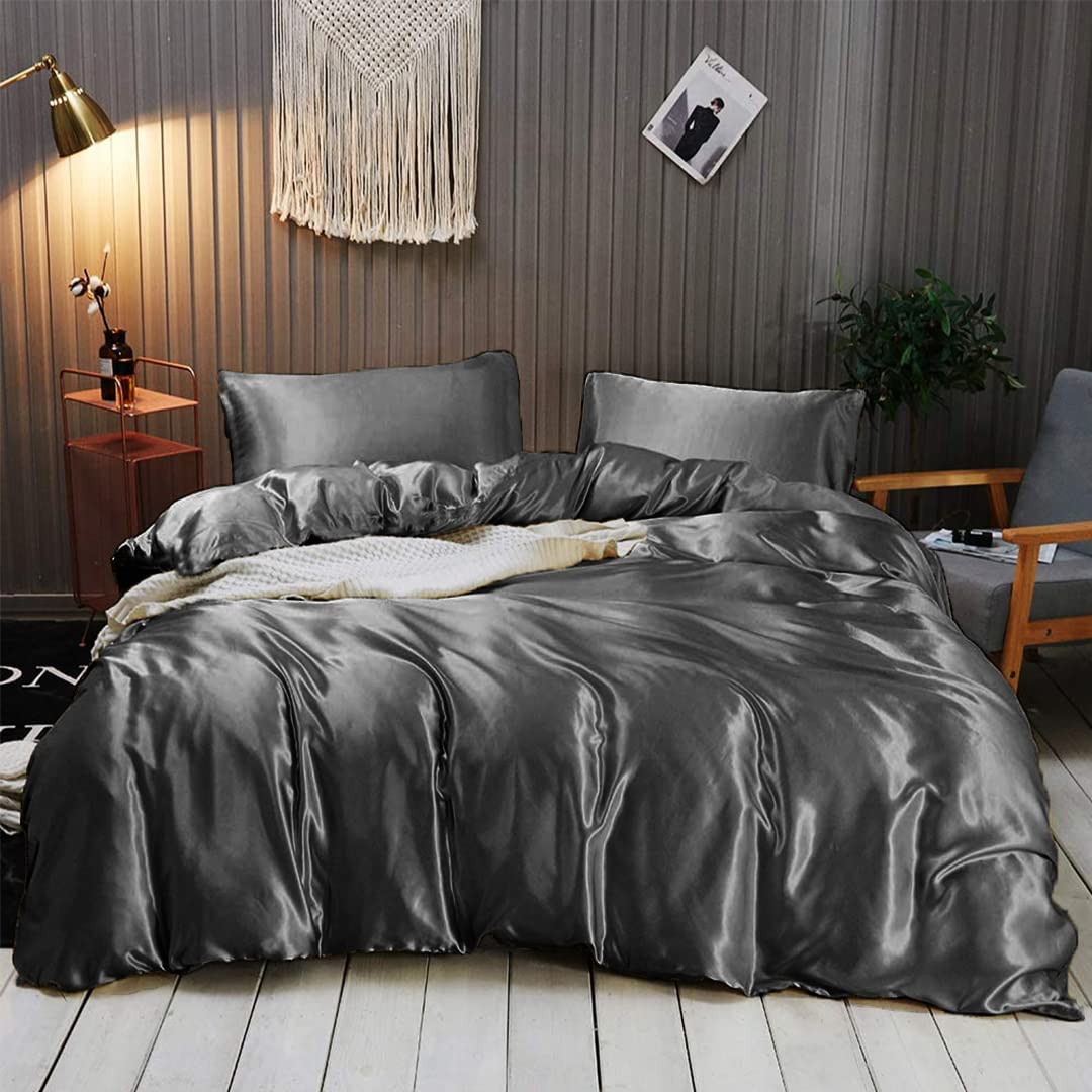 Luxury 7-Piece Silk Satin Sheet Set for California King Bed - Breathable Cooling Hotel Quality Bedding with Deep Pockets - Wrinkle-Free Comfy Elephant Grey Duvet Cover & Pillowcases - Perfect for Hot Sleepers, Master Bedrooms, and Upscale Hotel-Style Comfort