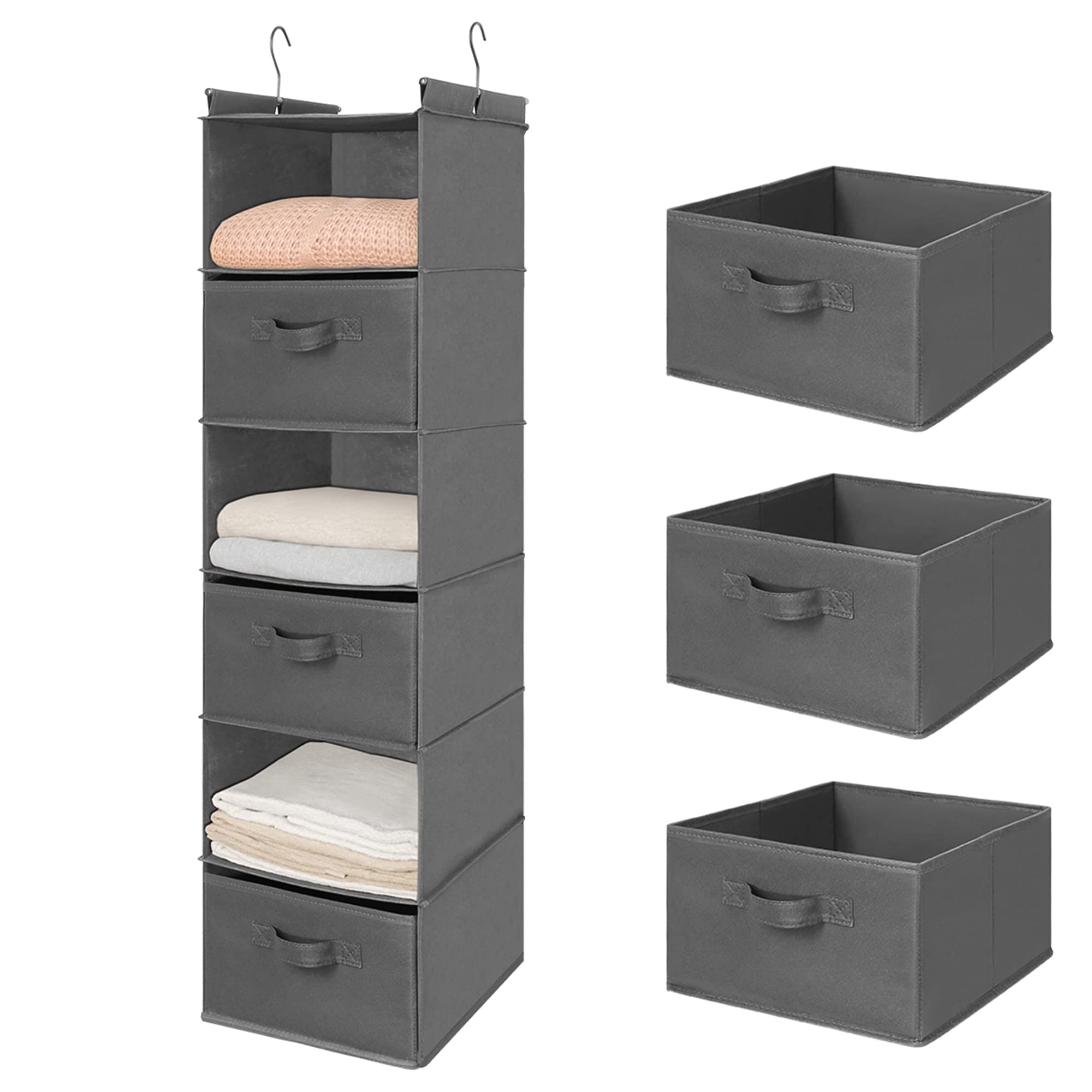 MAX Houser 6-Tier Hanging Closet Organizer Shelf with 2 Heavy-Duty Hooks - Foldable Space-Saving Storage for Clothes, Shoes & Accessories (Grey) - Perfect for Bedroom, Closet & Dorm Organization
