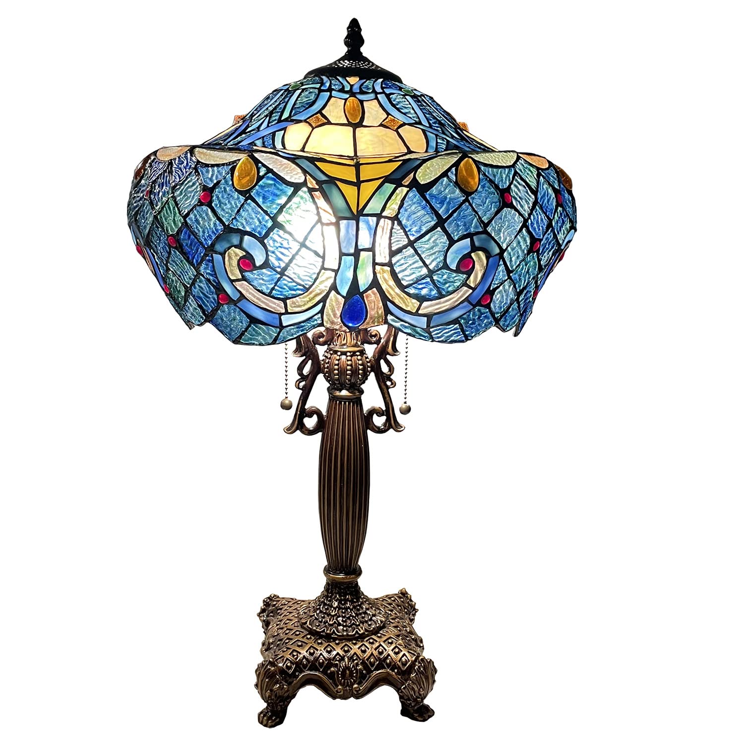 Bieye L10784 16-inch Tiffany Style Stained Glass Table Lamp - Baroque Blue Stained Glass Shade, 24-inch Tall Decorative Lamp for Living Room, Bedroom, Office - Perfect for Vintage Home Decor & Ambient Lighting