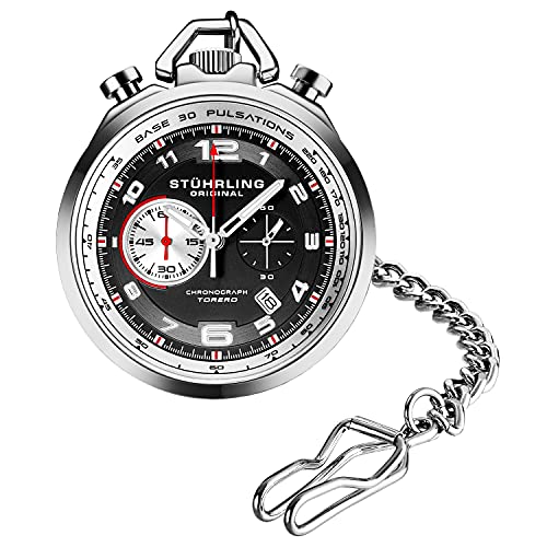 Stuhrling Original Men's Chronograph Pocket Watch - Vintage Style Stainless Steel Chain - Perfect for Weddings, Gifts & Collectors