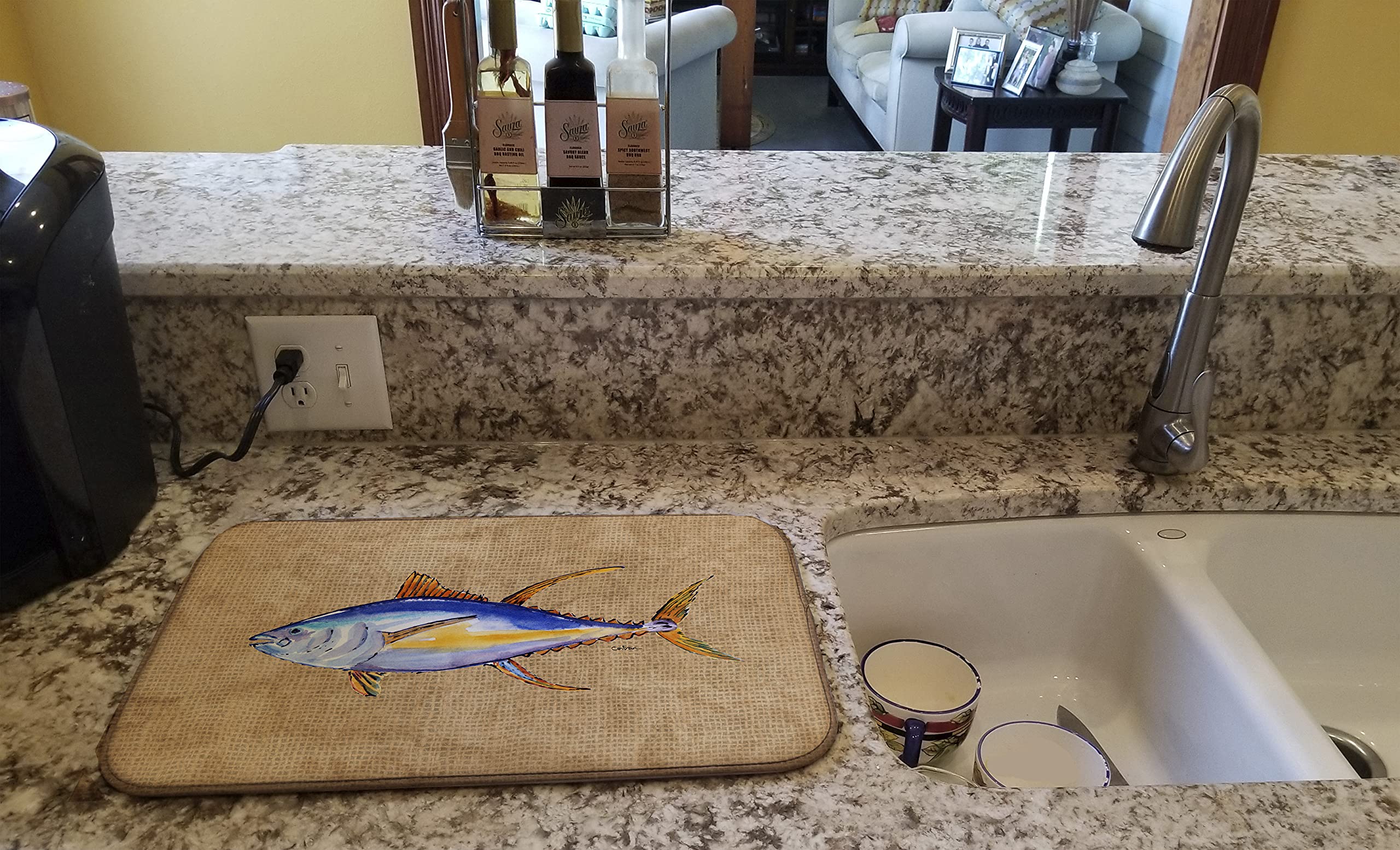 Caroline's Treasures 8817DDM Absorbent Tuna Fish Dish Drying Mat - 14 x 21 Inch Colorful Kitchen Countertop Drying Pad | Perfect for Dishes, Utensils & Cookware Drainage