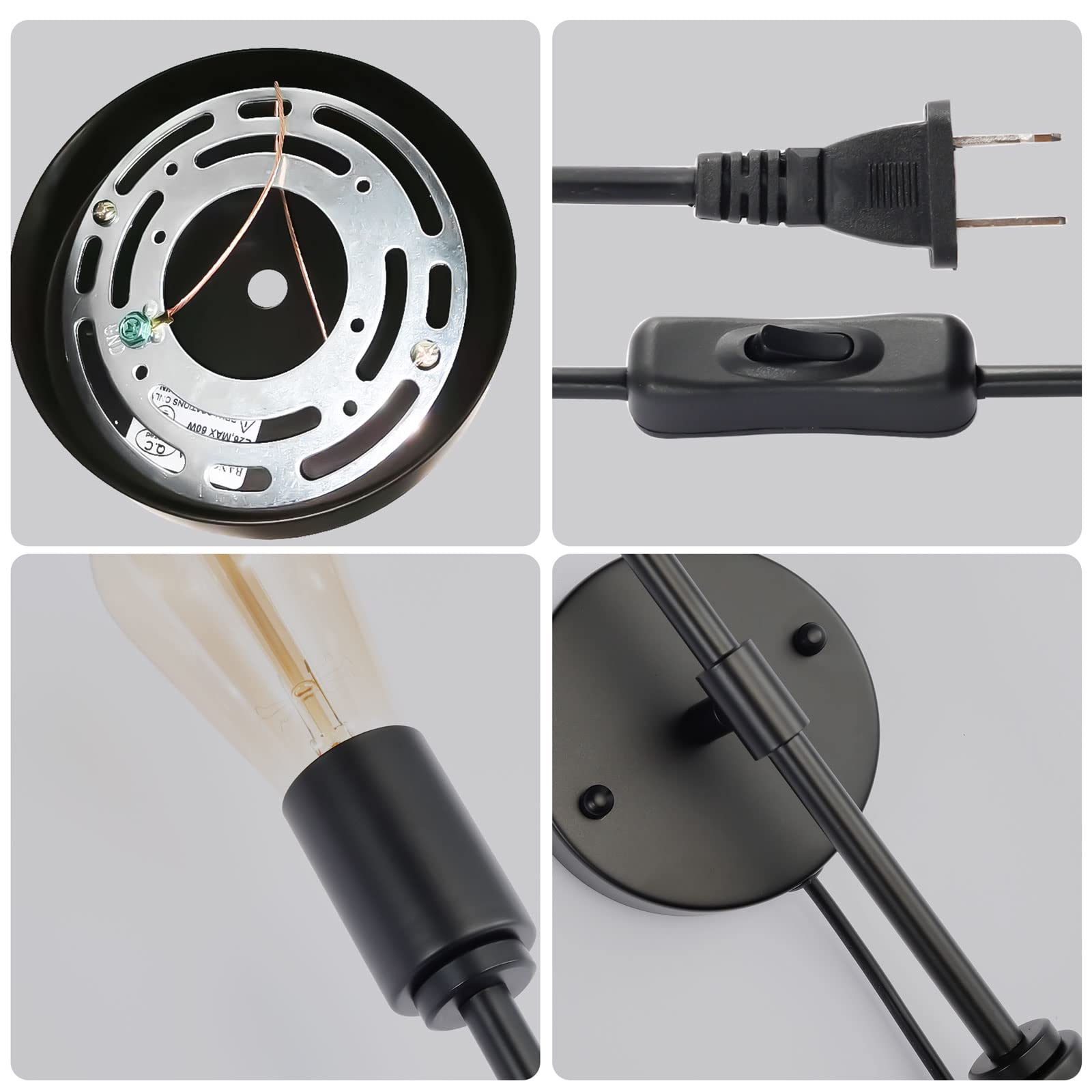 Modern Industrial 2-Light Black Bathroom Vanity Light Fixtures with On/Off Switch Cord - Plug in Wall Sconce Set of 2 for Living Room, Bathroom, Farmhouse, Dining Room - Perfect for Ambient Lighting and Home Decor
