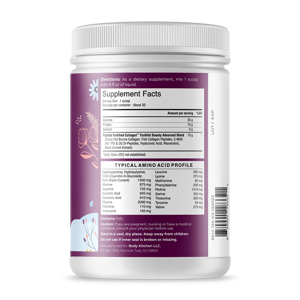 Body Kitchen Youthful Beauty Advanced Collagen Peptides Powder - Grass Fed Collagen Supplement for Hair, Skin & Nails with Resveratrol & Hyaluronic Acid - Anti-Aging & Antioxidant Support (1 Pack) | Perfect for Daily Wellness Routine & Beauty Enhancement