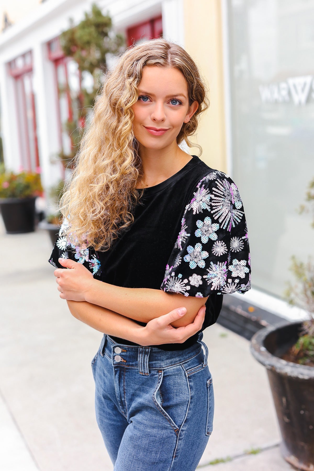 Glamorous Black Floral Sequin Puff Sleeve Velvet Top for Women | Elegant Party Blouse | Perfect for Evening Events, Date Nights & Special Occasions