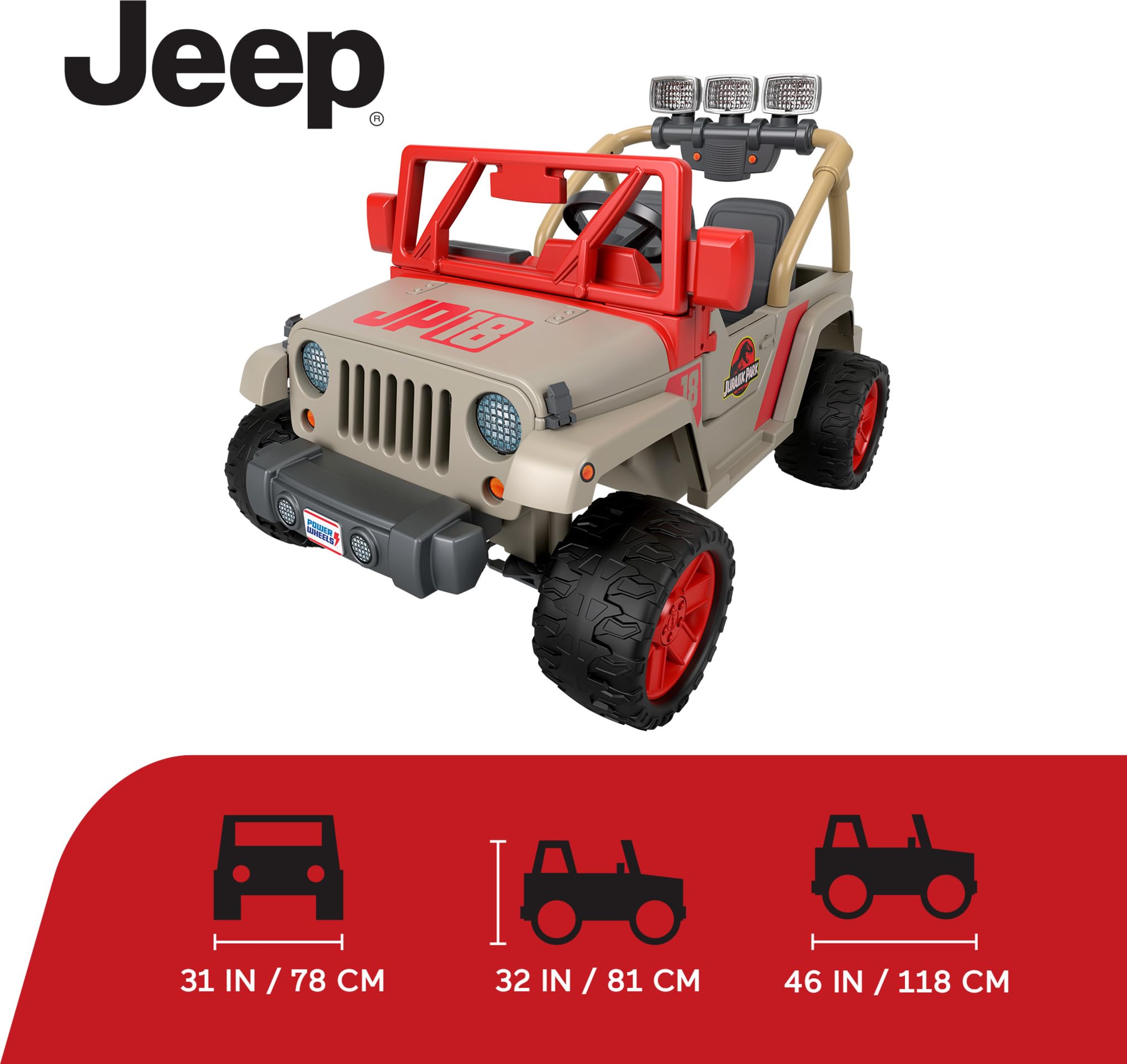 Jurassic Park Jeep Wrangler Ride-On Toy for Kids - Electric Battery-Powered Vehicle with Dinosaur Sounds & LED Lights - Perfect for 3-5 Year Olds - Great for Outdoor Play, Birthday Gifts & Pretend Adventures