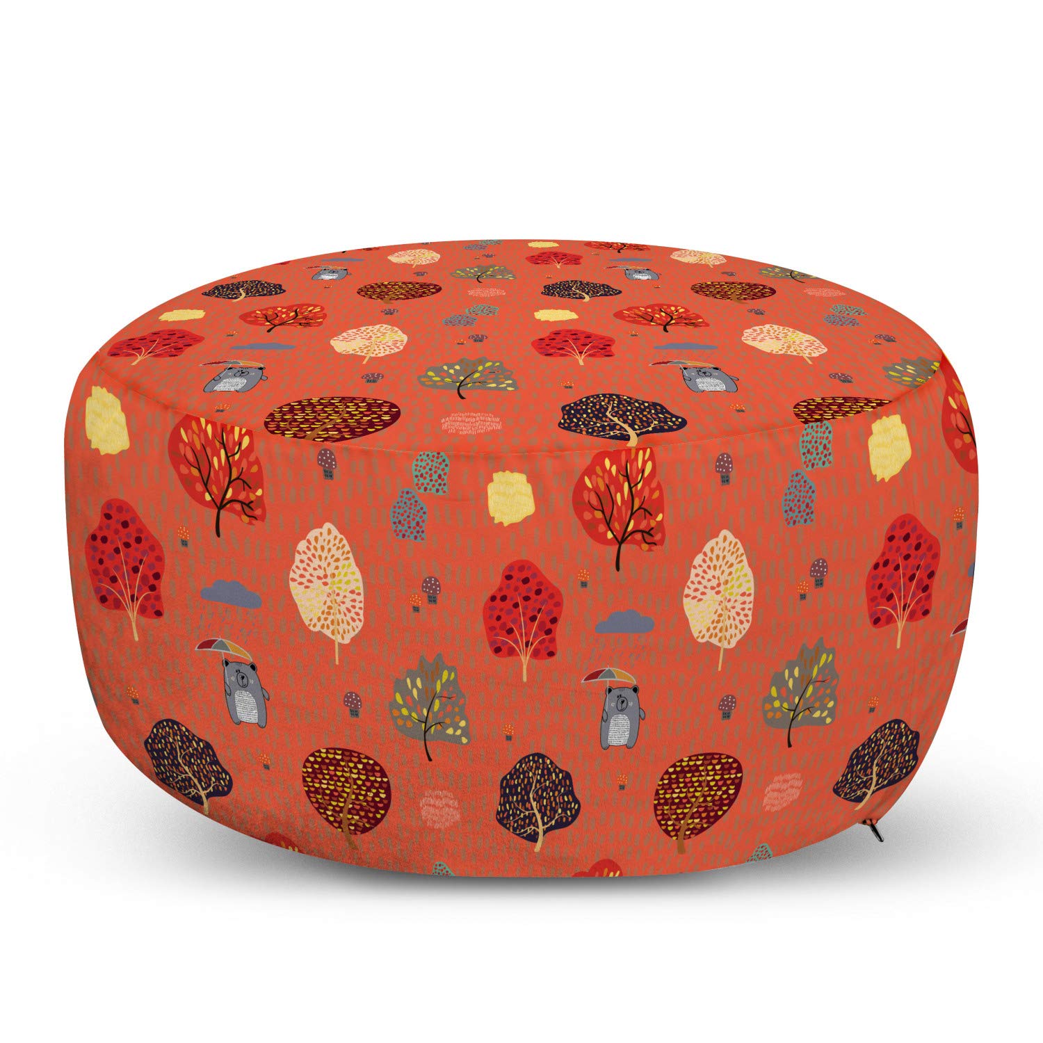 Ambesonne Kids Ottoman Pouf - Bear with Umbrella in Rainy Autumn Forest Design, Soft Foot Rest Stool with Removable Cover for Living Room & Bedroom - Burnt Sienna & Multicolor - Perfect for Nursery Decor, Cozy Reading Nook & Lounge Seating