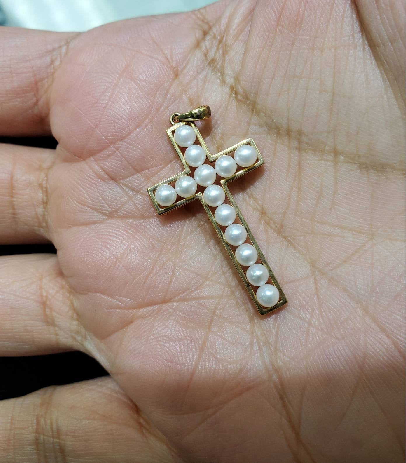 14K Yellow Gold Pearl Cross Pendant Necklace - Elegant Religious Jewelry for Women, Perfect for Baptism, First Communion, Confirmation & Everyday Wear