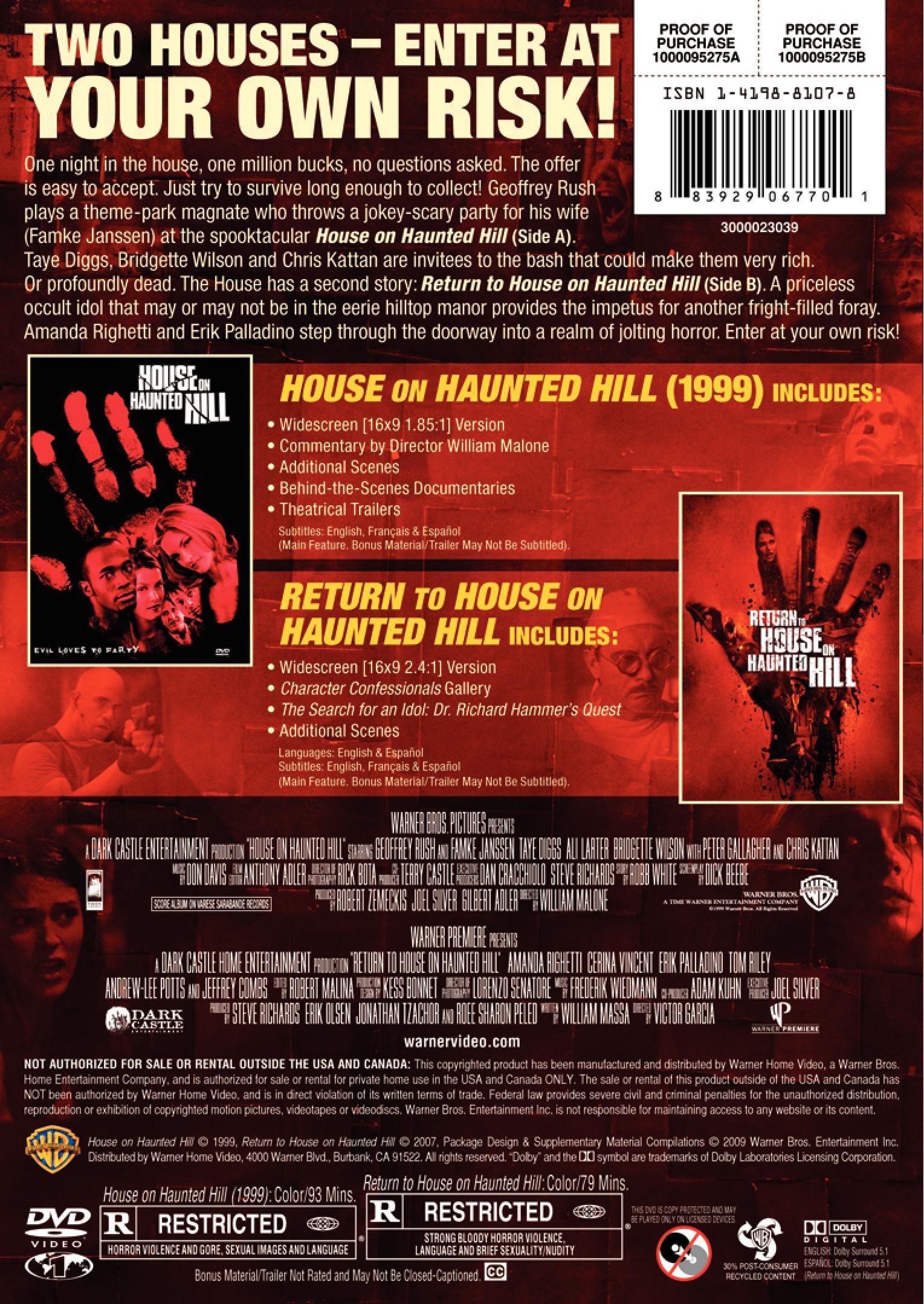 House on Haunted Hill & Return to House on Haunted Hill - Horror Movie Double Feature DVD | Scary Film Collection for Halloween Nights & Movie Marathons