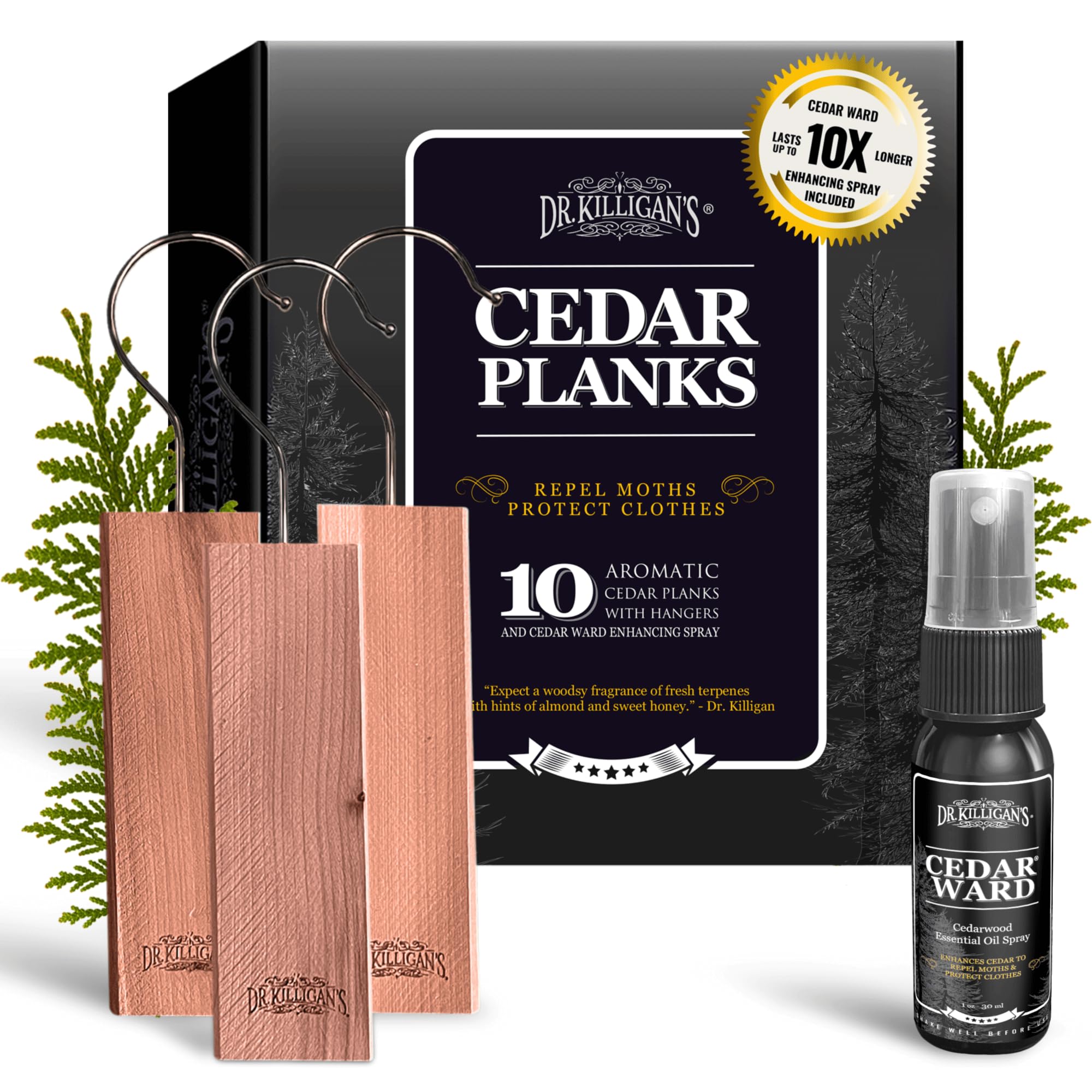 Dr. Killigan's Natural Cedarwood Planks - 10-Pack Cedar Blocks for Clothes Storage & Closet Protection | Moth Repellent Alternative, Drawer Deodorizer | Sustainably Sourced in USA | Includes Free Restoration Spray | Ideal for Wardrobes, Dressers & Storage Boxes