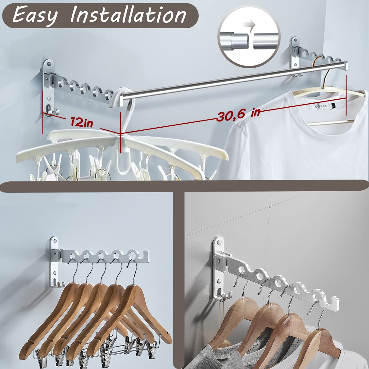 Wall Mounted Retractable Clothes Drying Rack with 2 Hanging Rods - Space Saving Laundry Organizer for Small Apartments, Bathrooms & Closets - Perfect for Drying Clothes, Towels and Delicates