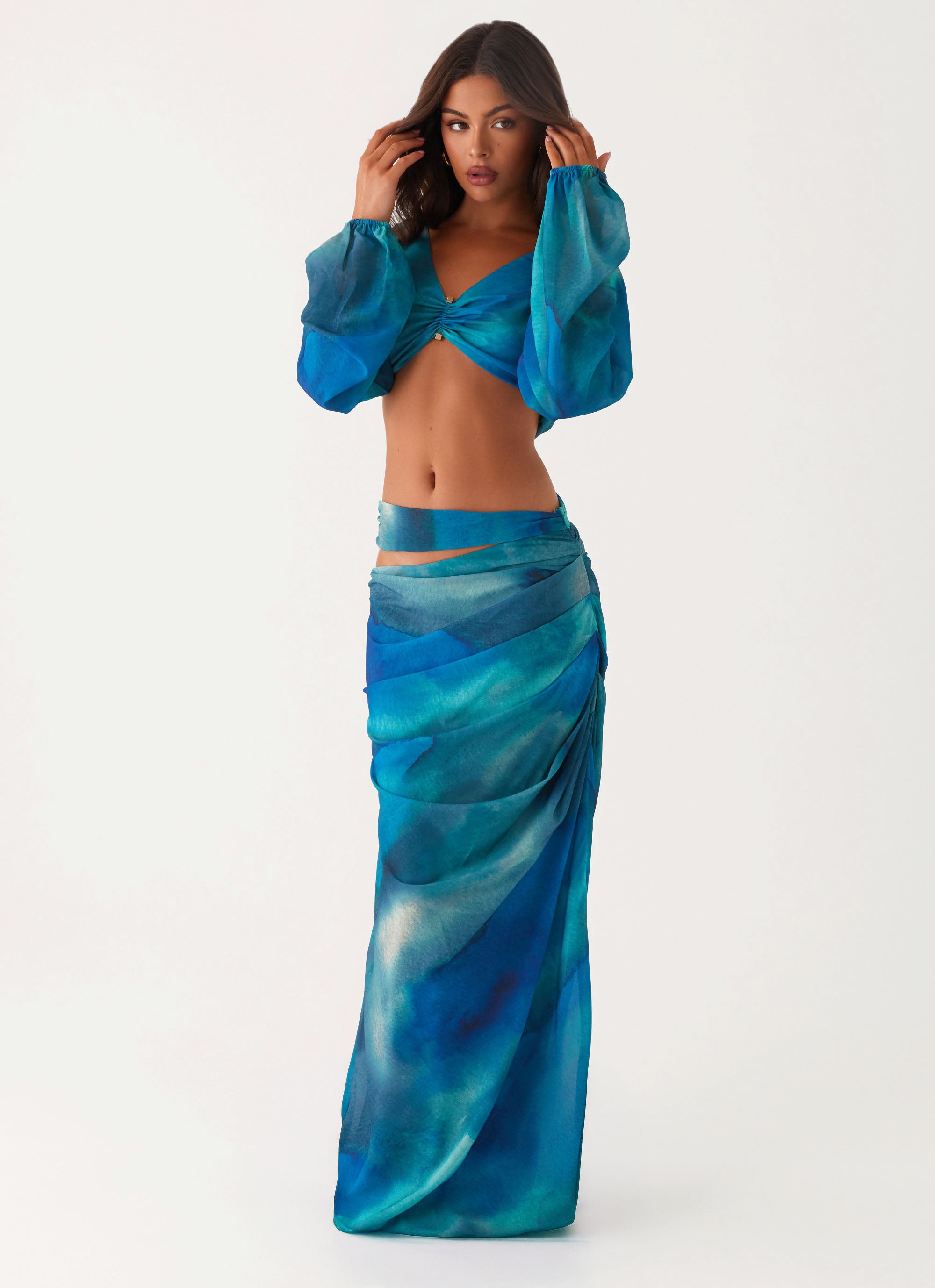 Austin Cut Out Maxi Skirt - Blue Tie Dye Floral Print Boho Summer Beach Dress for Women | Perfect for Vacations, Music Festivals & Casual Outings