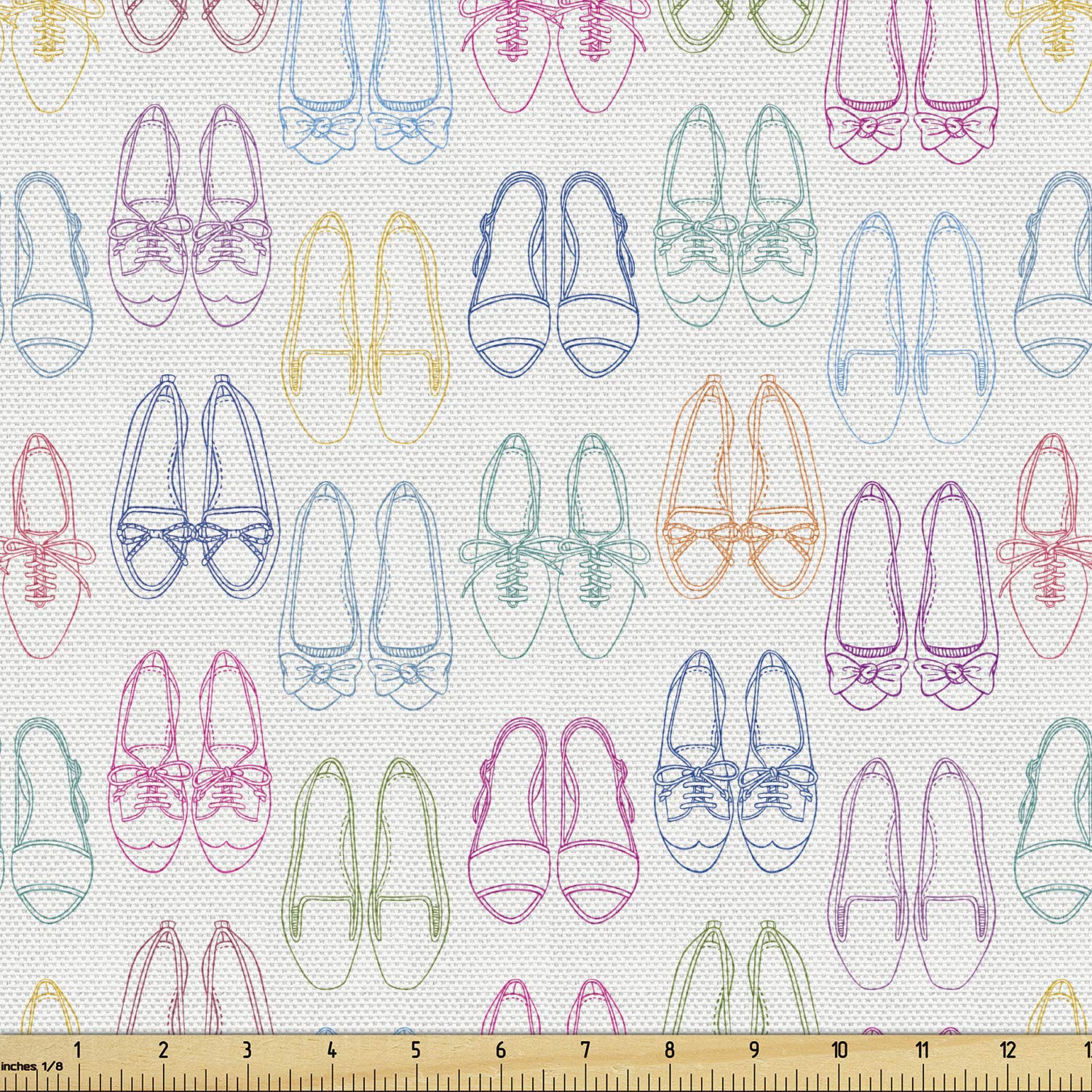 Ambesonne Fashion Fabric by The Yard - Rhythmic Ballerina Shoes & Colorful Shoelaces Pattern - 2 Yards Decorative Upholstery Fabric for Home Accents, DIY Projects, Curtains & Pillow Covers - Off White & Multicolor