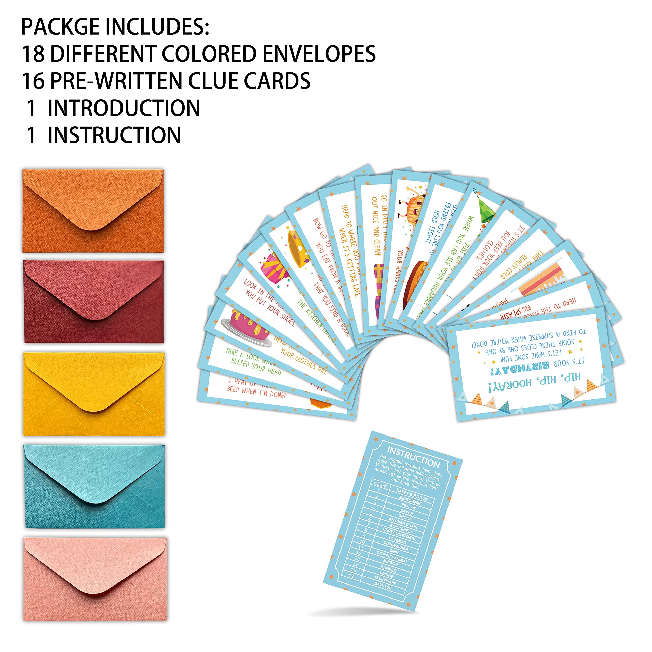 Birthday Treasure Hunt Clues Game Cards - 18 Colorful Scavenger Hunt Cards with Envelopes for Indoor Party Games, Kids Birthday Activities & Family Fun (A01) | Perfect for Birthday Parties, Team Building & Family Game Nights
