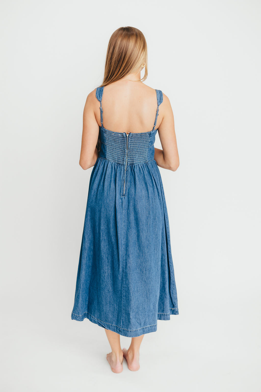 Frankie 100% Cotton Bustier Midi Dress in Denim - Vintage Inspired Women's Casual Summer Dress for Beach, Date Night & Party Wear