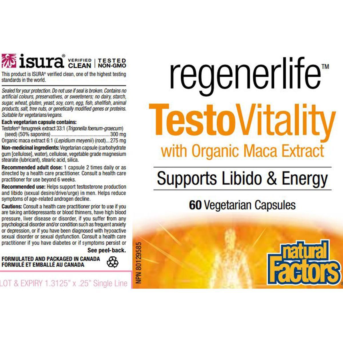 Natural Factors RegenerLife TestoVitality 60 Veggie Caps - Natural Testosterone Support for Men, Energy & Vitality Booster - Perfect for Active Lifestyles & Fitness Enthusiasts