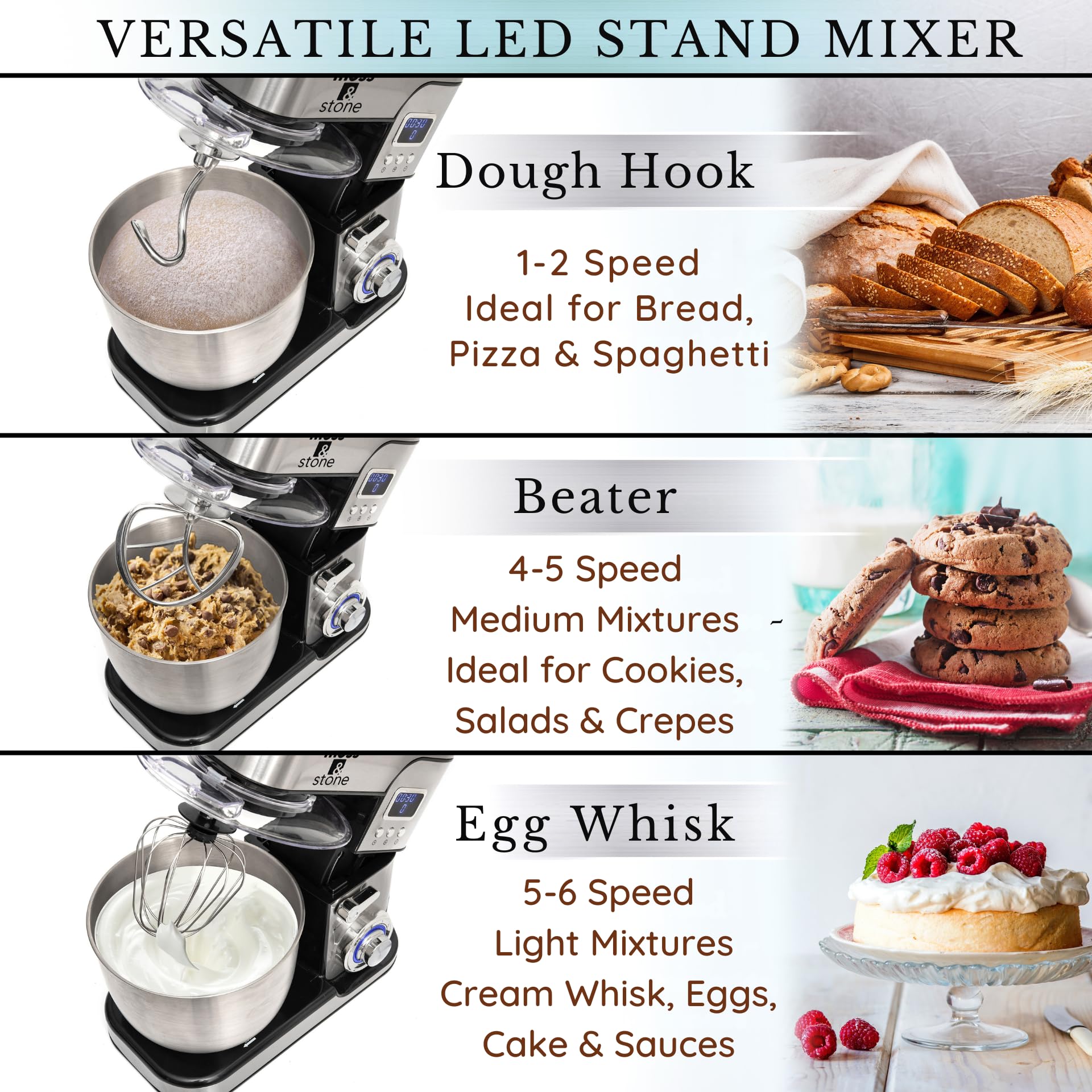 6-Speed Stand Mixer with LCD Display & 5.5QT Stainless Bowl - Includes Dough Hook, Egg Whisk, Beater & Spatula - Perfect for Baking Cakes, Cookies, Bread & Pastries - Kitchen Electric Mixer with Timer for Home Bakers