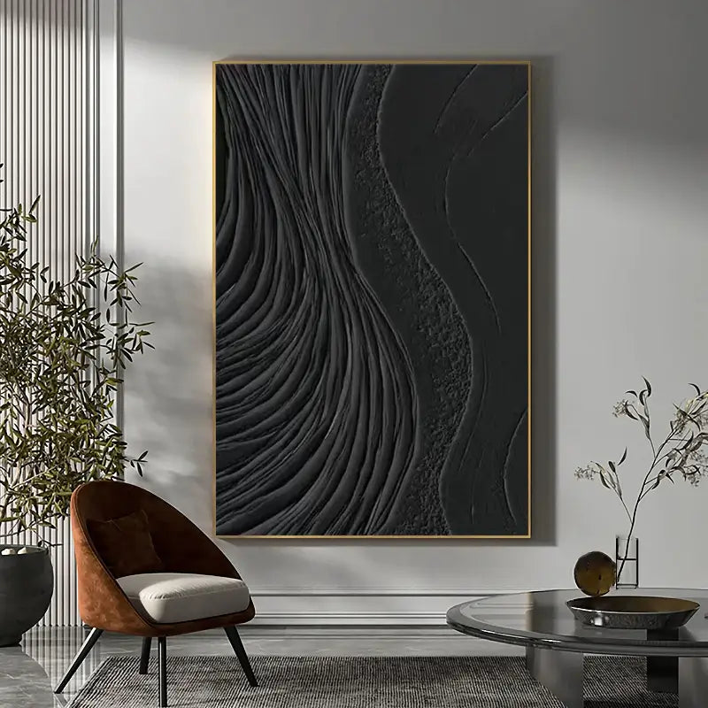 Black Minimalist Textured Painting Canvas - Modern Abstract Wall Art Decor for Living Room, Bedroom & Office | Premium Quality #MZ002