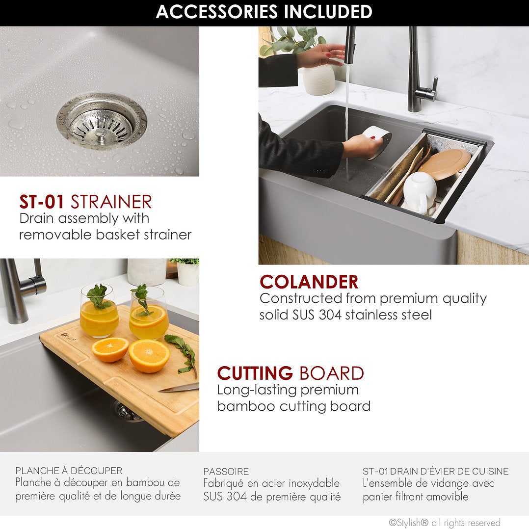 Stylish 30-inch BRONTE S 830WL Farmhouse Apron Front Grey Composite Granite Single Bowl Kitchen Sink - Perfect for Modern Farmhouse & Rustic Kitchen Renovations
