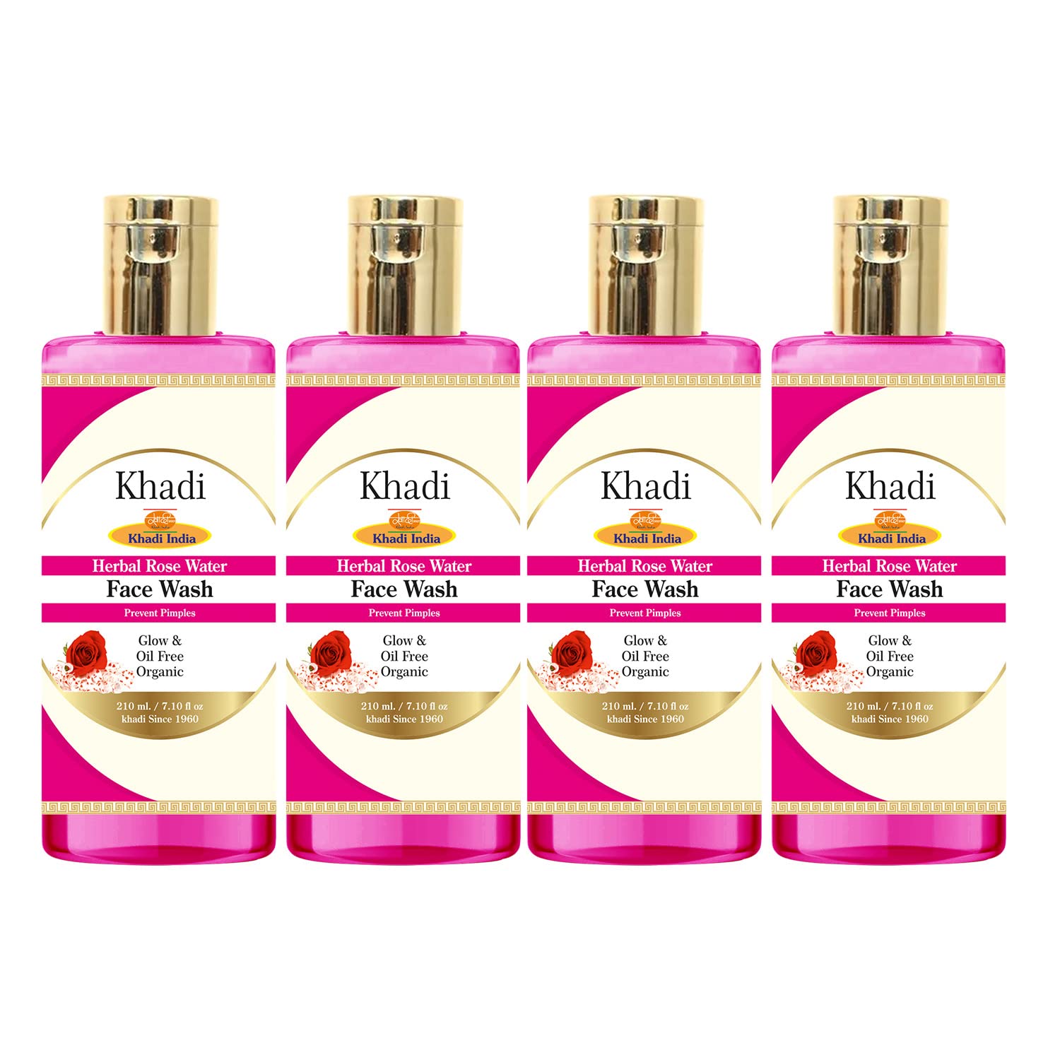 Khadi Herbal Rose Water Face Wash - 210ml (Pack of 4) | Natural & Organic Cleanser for Glowing Skin | Perfect for Daily Skincare Routine & Makeup Removal