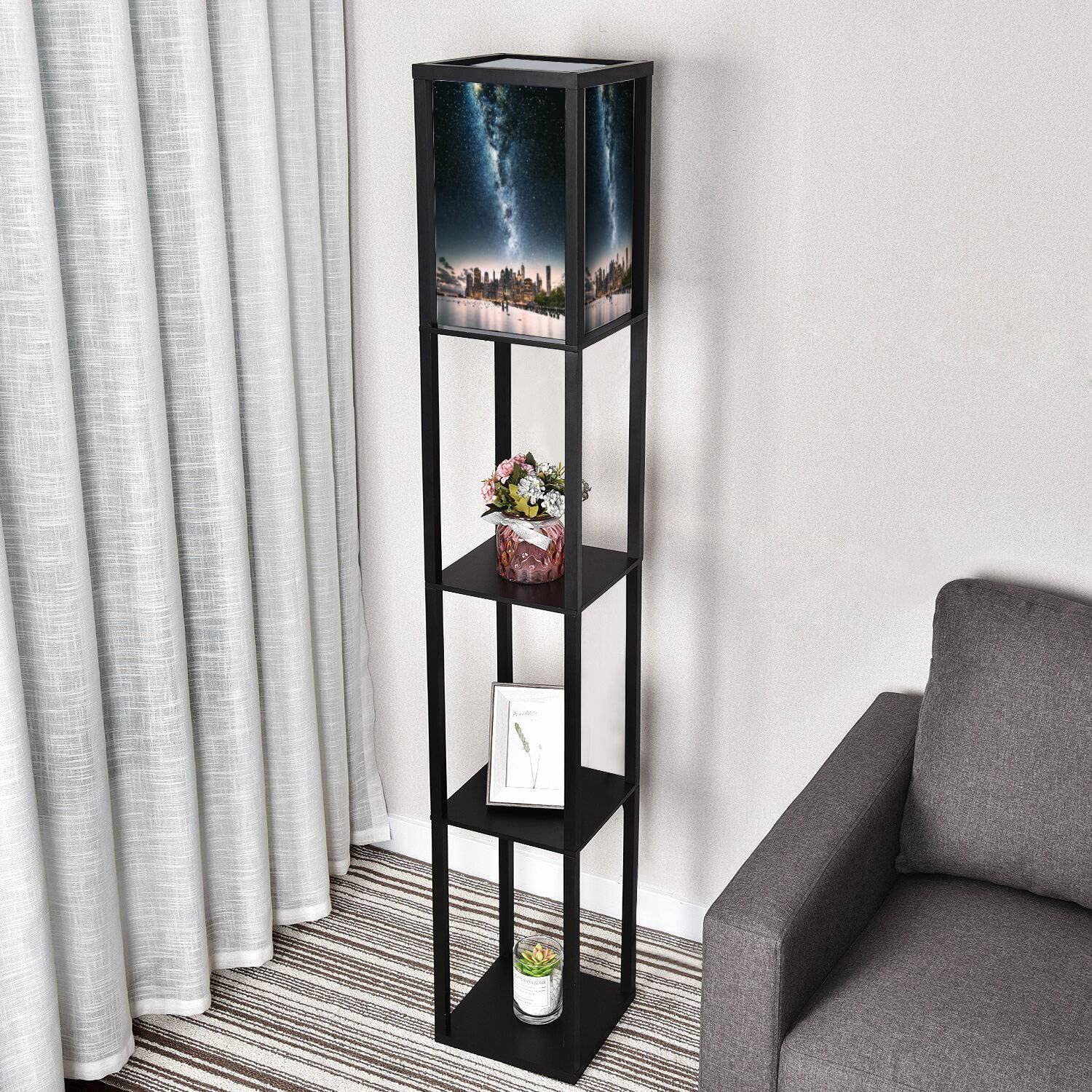 Corner Floor Lamp with Shelves - New York City Skyline Design, Adjustable 3-Color Temperature LED, Tall Standing Lamp with Linen Shade for Living Room & Bedroom - Perfect for Reading, Relaxing & Home Decor
