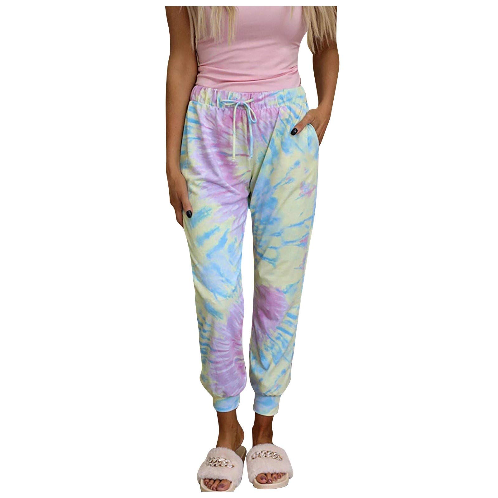 Women's Casual Tie-Dye Drawstring Pants - Loose Fit Mid-Waist Straight Leg Pants with Print & Lace-Up Design | Perfect for Yoga, Beach Wear & Boho Fashion Outfits