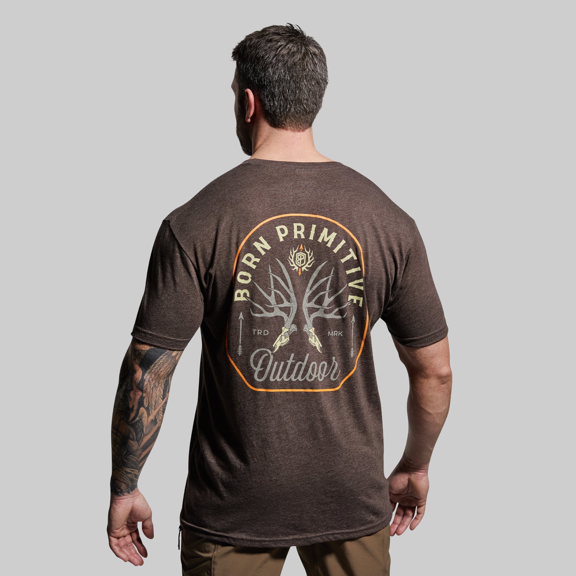 Outdoor Mule Deer Badge Tee - Comfortable Hunting T-Shirt for Men (Chestnut Brown) | Perfect for Camping, Hiking & Wildlife Enthusiasts