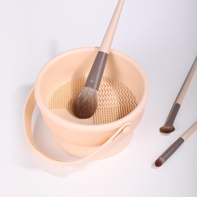 Foldable 3-in-1 Makeup Brush Cleaning Bowl with Handle - Portable Travel Beauty Brush Scrubber, Reusable Cleaner Mat & Dryer Tray | Perfect for Home, Salon & Travel Makeup Brush Care