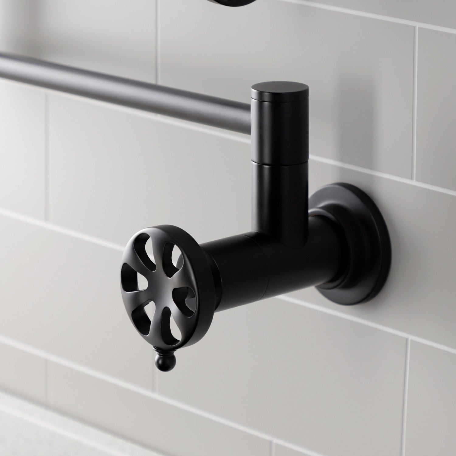 Belknap KS4100RX Matte Black Two Handle Wall Mount Pot Filler Faucet - Ideal for Kitchen Sink, Stove & Cooking Area, Easy Fill Large Pots & Pans