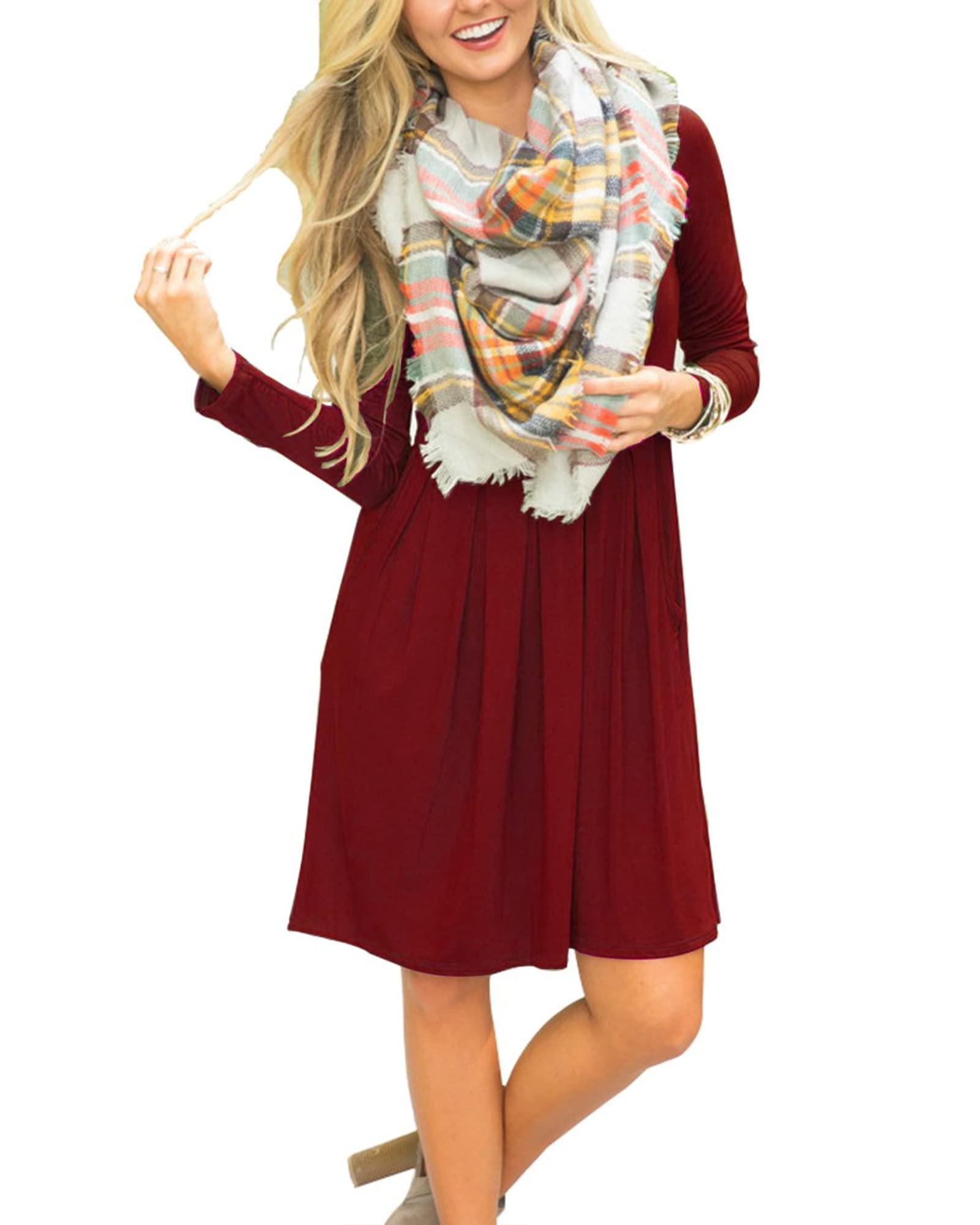 AUSELILY Women's Long Sleeve Pleated Swing Dress with Pockets - Knee Length Casual Loose Fit Dress for Work, Date & Travel 2025 New Collection