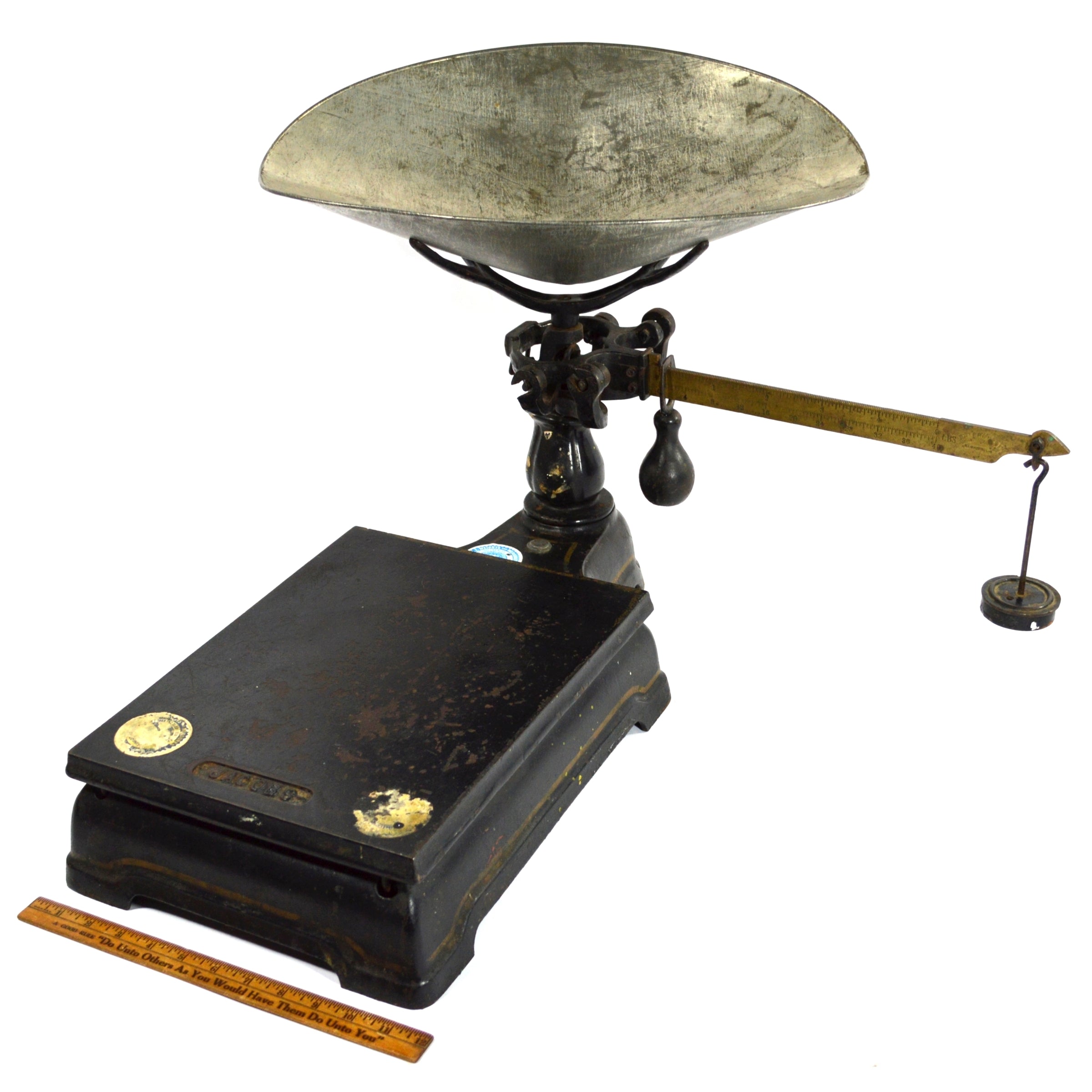 Vintage Jacob Bros. Cast Iron Counter Scale with Platform, Pan & Weights - Perfect for Antique Collectors, Farmhouse Decor & Vintage Kitchen Display