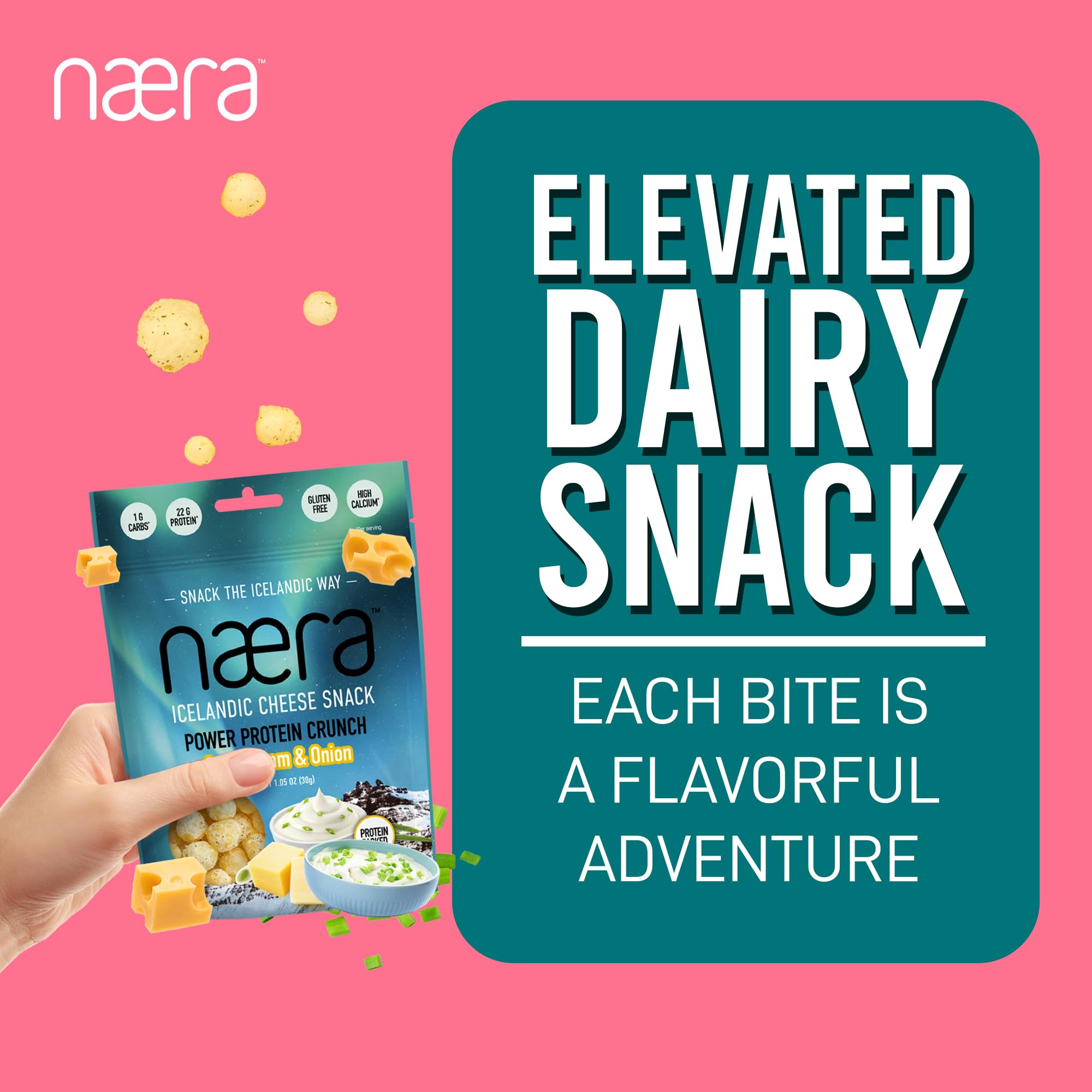 Næra Icelandic - Sour Cream & Onion 100% Cheese Crunch Protein Snacks | Keto Friendly, Gluten-Free, High Protein | All-Natural Snack for Adults & Kids (1.05 oz) | Perfect for On-the-Go, School Lunches & Low-Carb Diets
