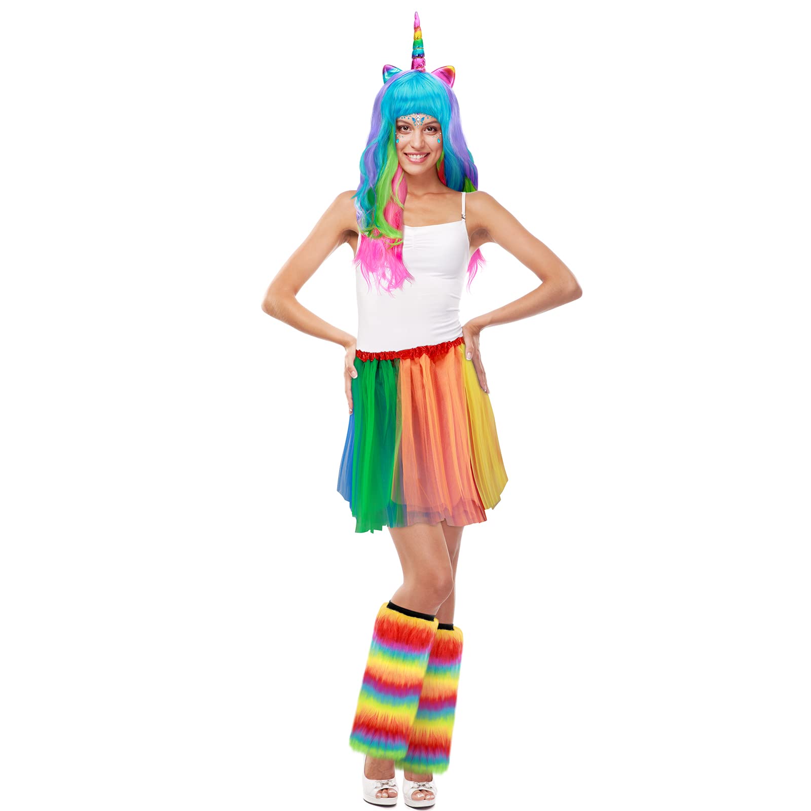 Geosar 4-Piece Unicorn Costume Set - Rainbow Fluffy Leg Warmers, Layered Tulle Tutu Skirt, Unicorn Wig & Headpiece with Face Gem Stickers for Women | Perfect for Halloween, Cosplay, Birthday Parties & Festive Performances