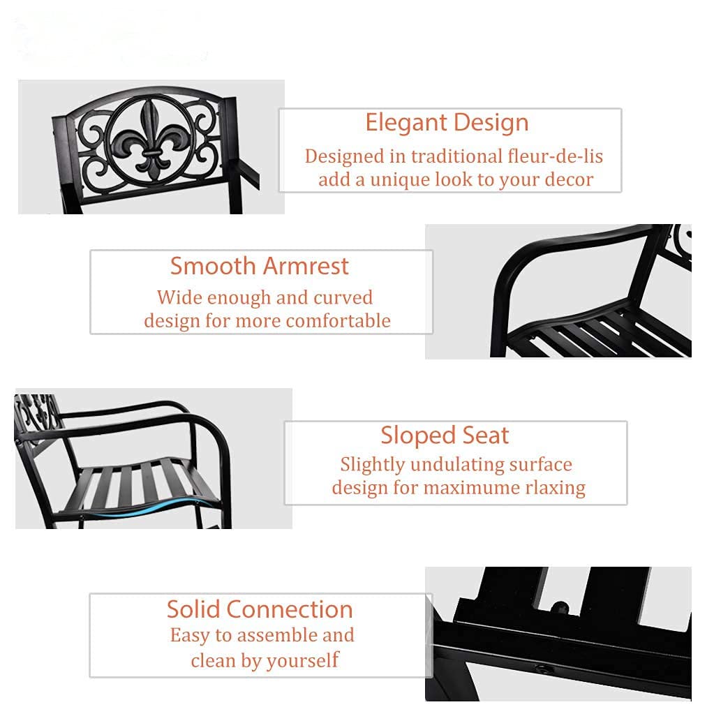 Grepatio Outdoor Patio Rocking Chair - Heavy Duty Wrought Iron Metal Rocking Seat with Elegant Scroll Design for Deck, Backyard, Garden or Porch - Weather Resistant & Comfortable (Black) | Perfect for Relaxing, Reading & Enjoying Nature