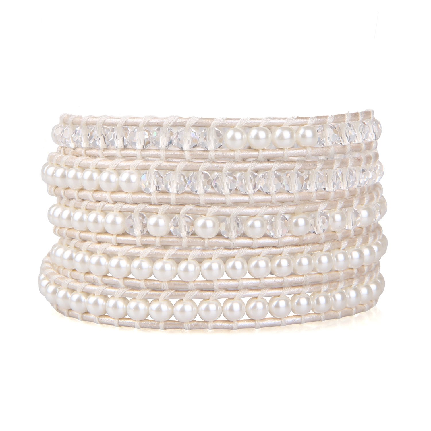 KELITCH White Pearl Crystal Beads Bracelet - 5 Wrap Handmade Leather Charm Bracelets for Women | Boho Chic Jewelry for Casual Wear, Parties & Gifts