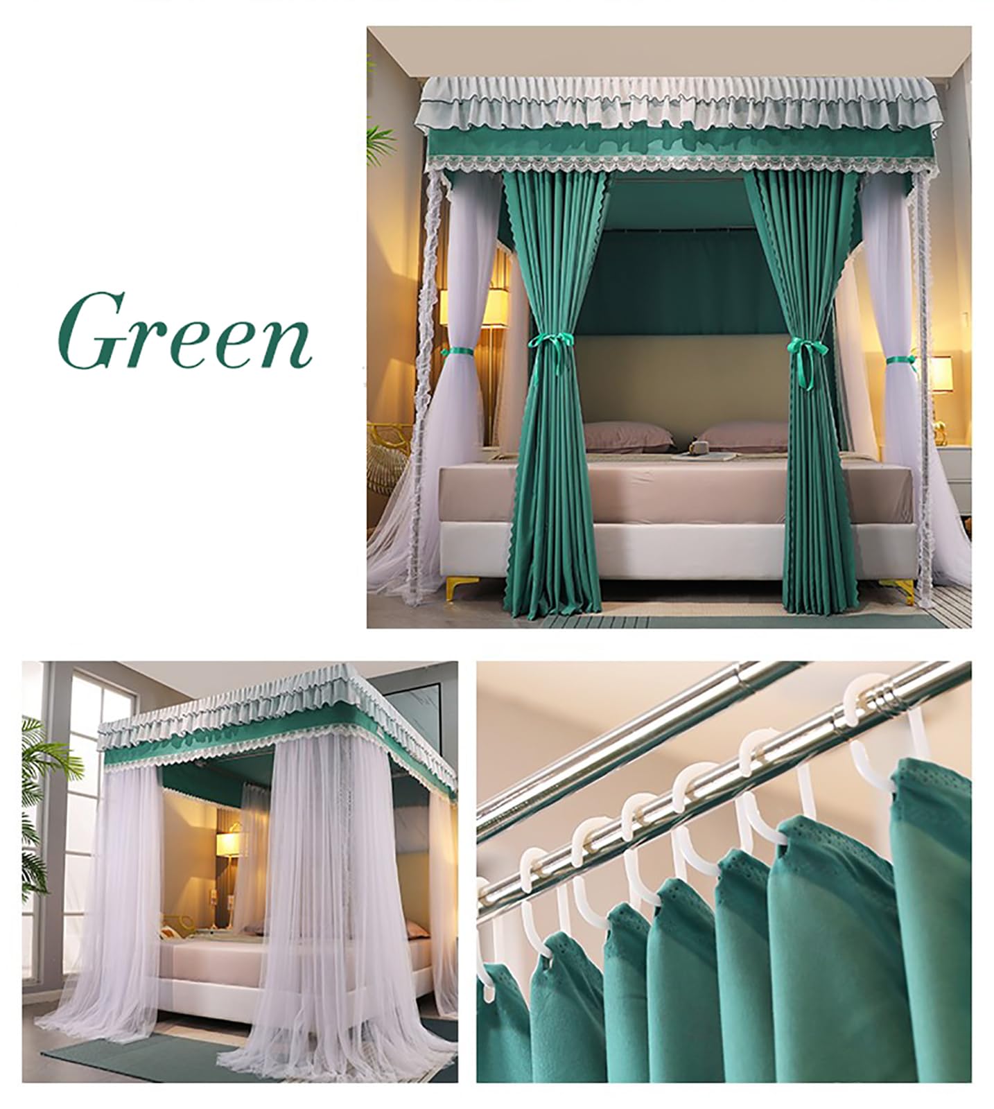 Princess Canopy Bed Curtains with Mosquito Net for 4 Poster Beds - Full/Queen/King Size Bedroom Drapes (150x200x200cm, Green) - Perfect for Girls' Rooms, Romantic Bedrooms & Outdoor Camping
