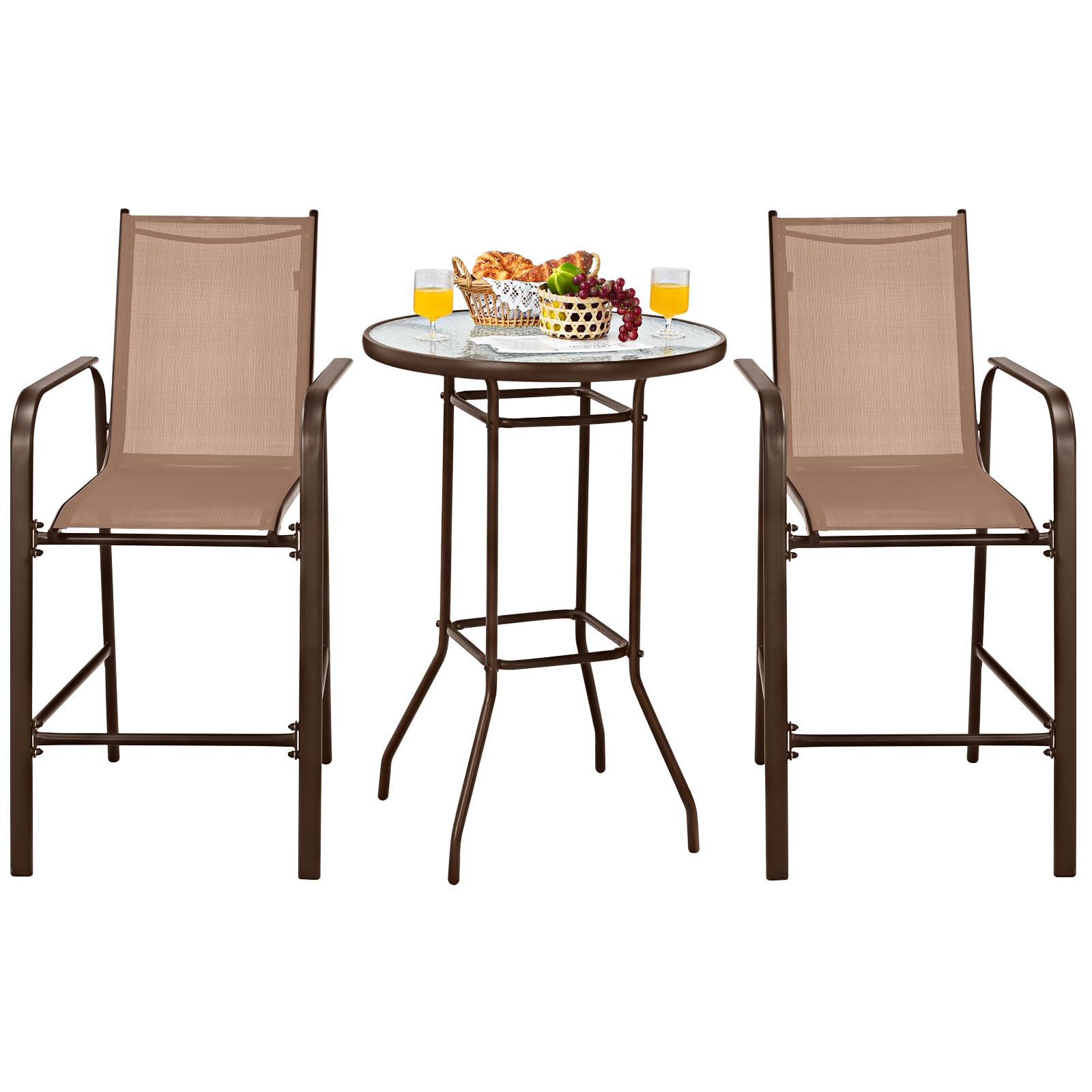 Tangkula 3-Piece Outdoor Patio Bar Set - 2 Bar Stools & 1 Tempered Glass Table, Bistro Height for Backyard, Garden, Balcony - Perfect for Coffee, Dining & Outdoor Relaxation