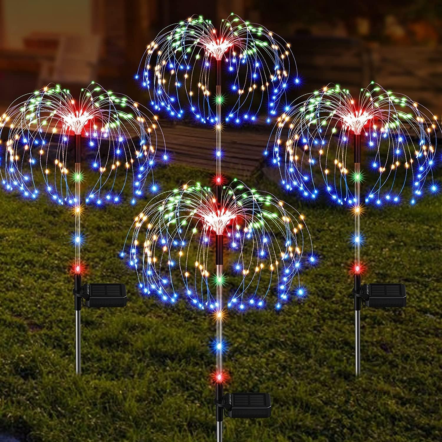 BUCASA 4 Pack 124 LED Solar Lights Outdoor Waterproof - Solar Firework Garden Lights with Auto On/Off & 2 Brightness Modes - Colorful Landscape Path Lights for Lawn, Patio, Walkway, Backyard (Perfect for Outdoor Decor, Garden Lighting & Pathway Illumination)