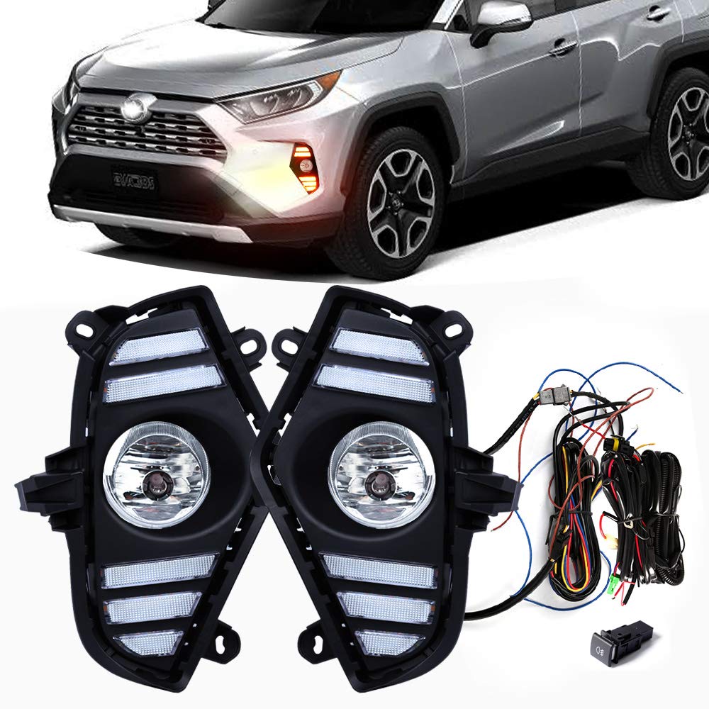 2019-2020 TOYOTA RAV4 LED Daytime Running Lights + Fog Lamps Combo - White Ice Blue DRL with Yellow Turn Signal - Complete Kit Includes Bezel, Wiring, LED Bulbs & Halogen - Perfect for Off-Roading, Night Driving & Car Customization