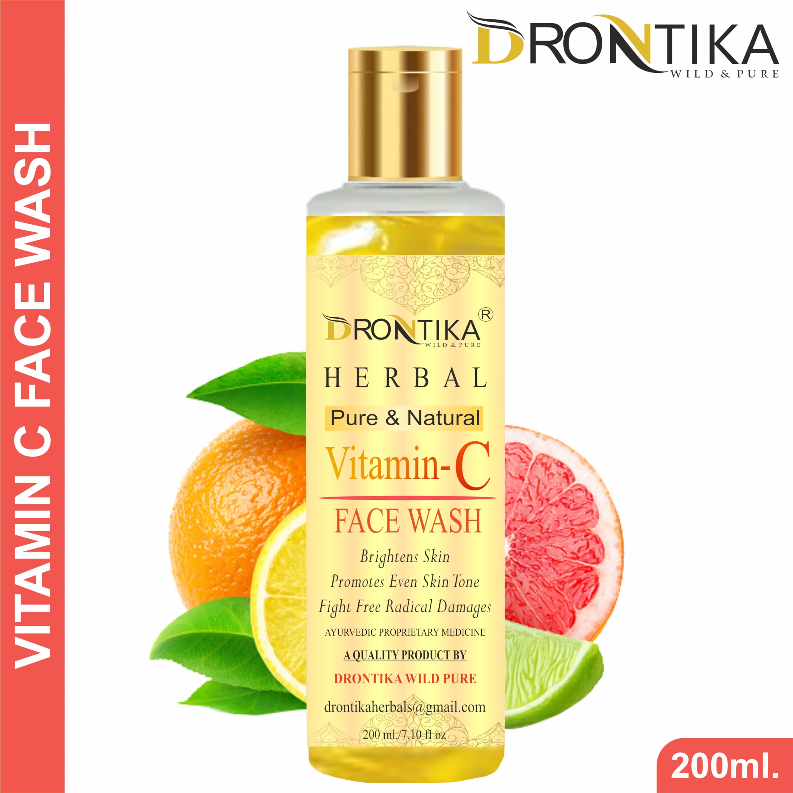 Drontika Natural Vitamin-C Face Wash with Honey, Aloe Vera & Sandalwood - Oil Control, Acne Treatment & Glowing Skin for Men & Women - Paraben, Sulfate, Silicone & Color Free - 200ml - Perfect for Daily Skincare & Acne-Prone Skin