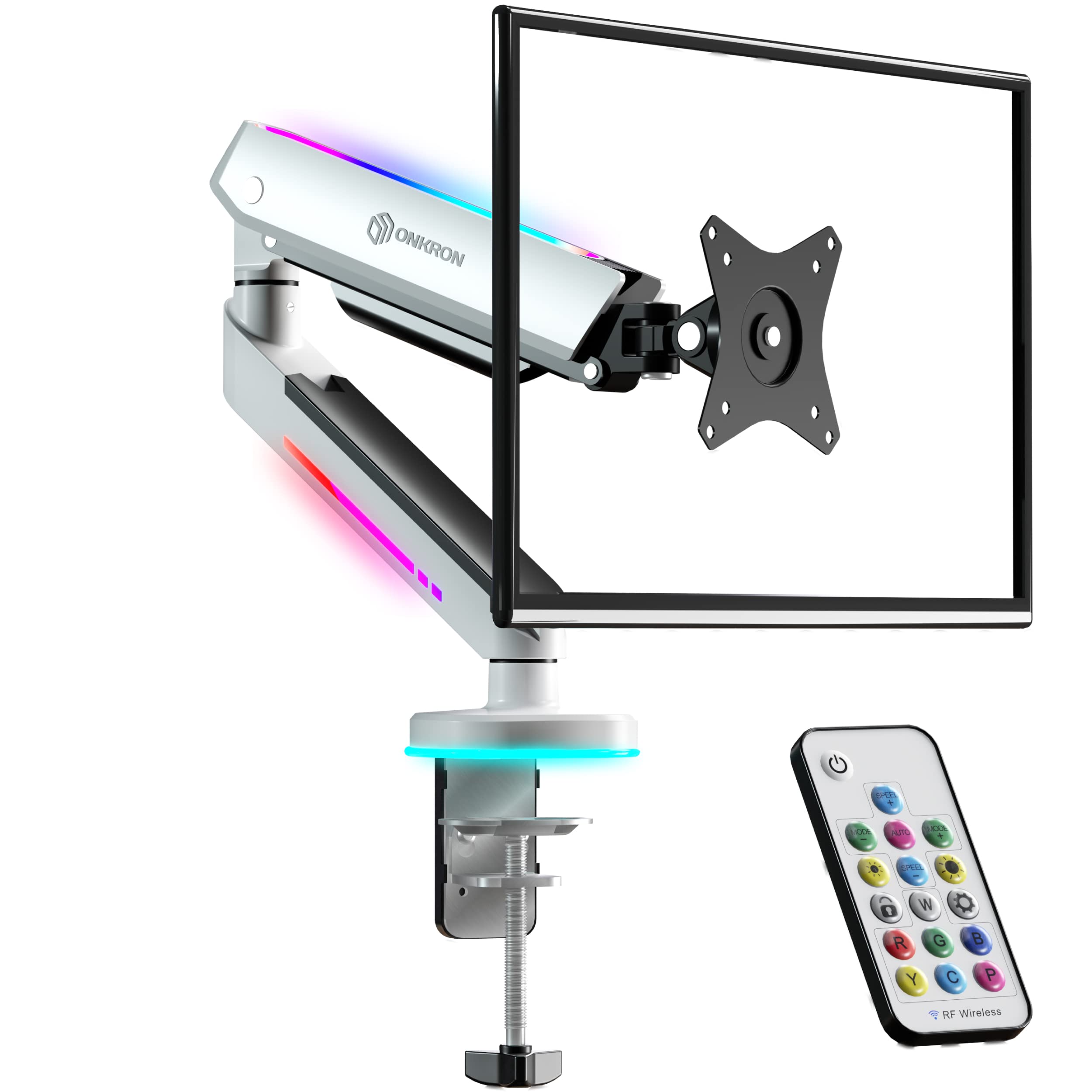 ONKRON Full Motion Articulating Monitor Arm - Adjustable Gaming Monitor Stand for 13-34 Inch LCD Screens (Up to 19.8 lbs) with RGB LED Light - Perfect for Home Office, Gaming Setup & Workspace (GM25, White)