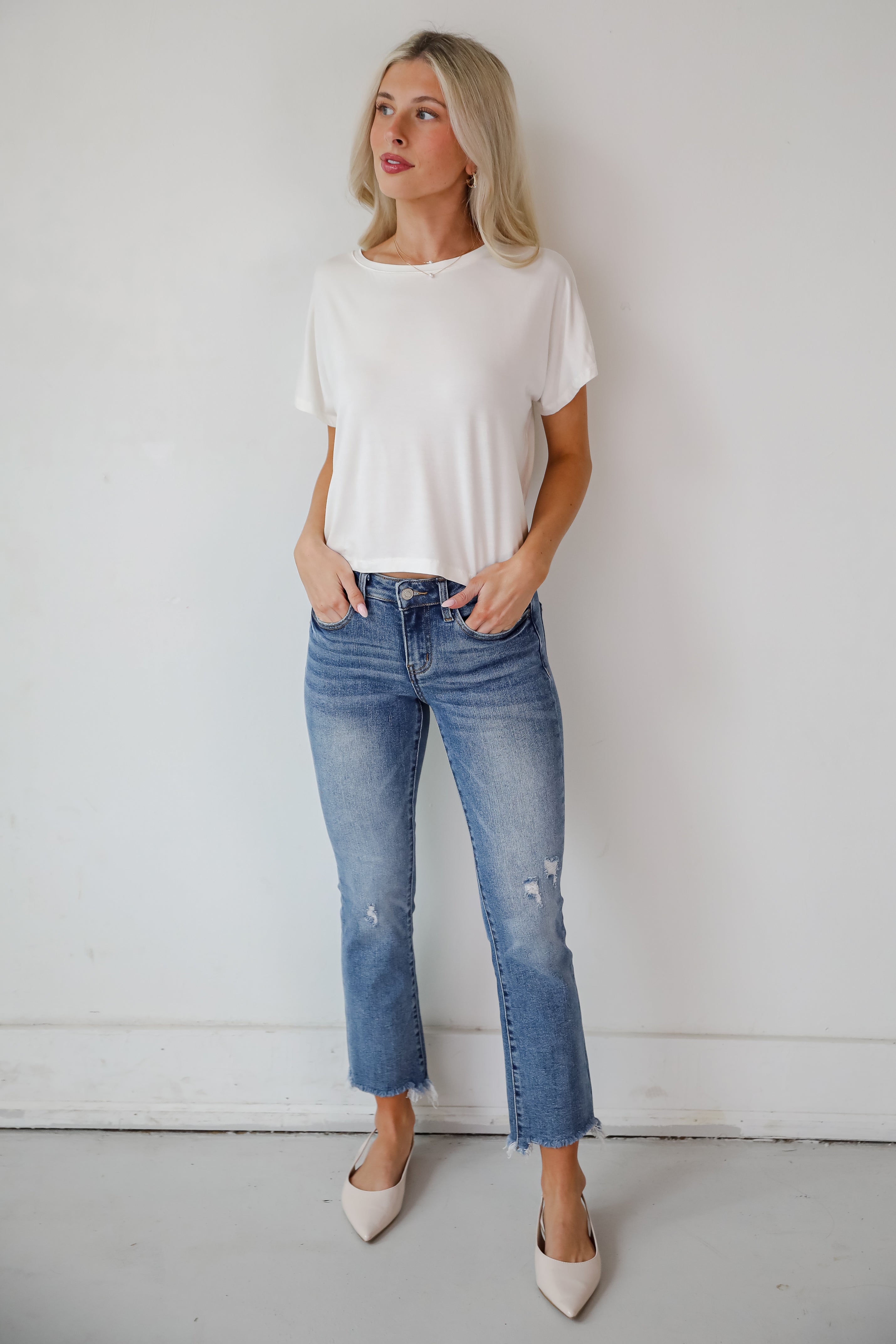 Amber Medium Wash Mid Rise Ankle Bootcut Jeans for Women - Comfortable Stretch Denim Pants for Casual Wear & Everyday Outfits