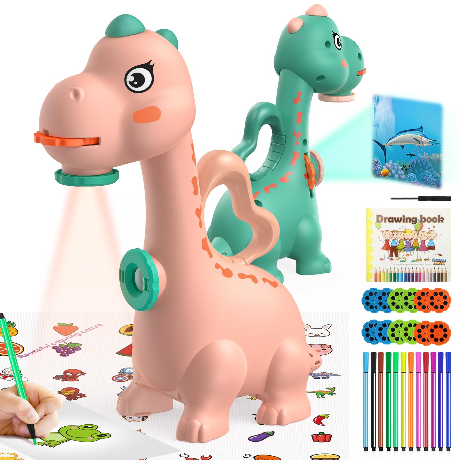 KETIEE Dinosaur Drawing Projector Toy for Kids Ages 5-7 - Smart Art Sketcher with 96 Stencils & 2 Projector Heads - Pink Tracing Toy for Girls - Perfect for Creative Play, Birthday Gifts & Educational Activities