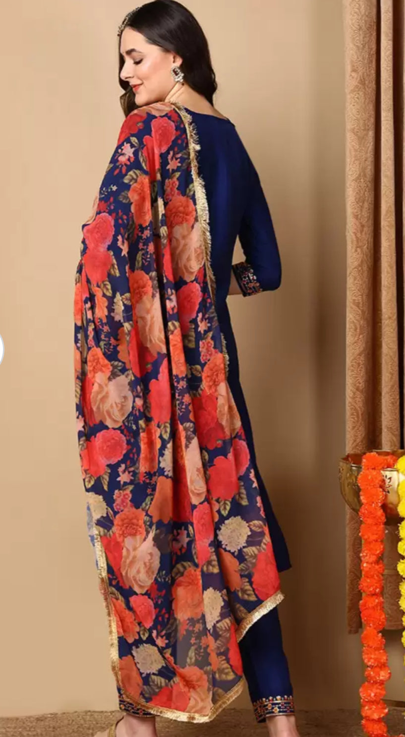 Elegant Navy Blue Silk Blend Kurta Set for Diwali & Festive Wear | Traditional Indian Ethnic Outfit for Women | Perfect for Weddings, Parties & Cultural Celebrations