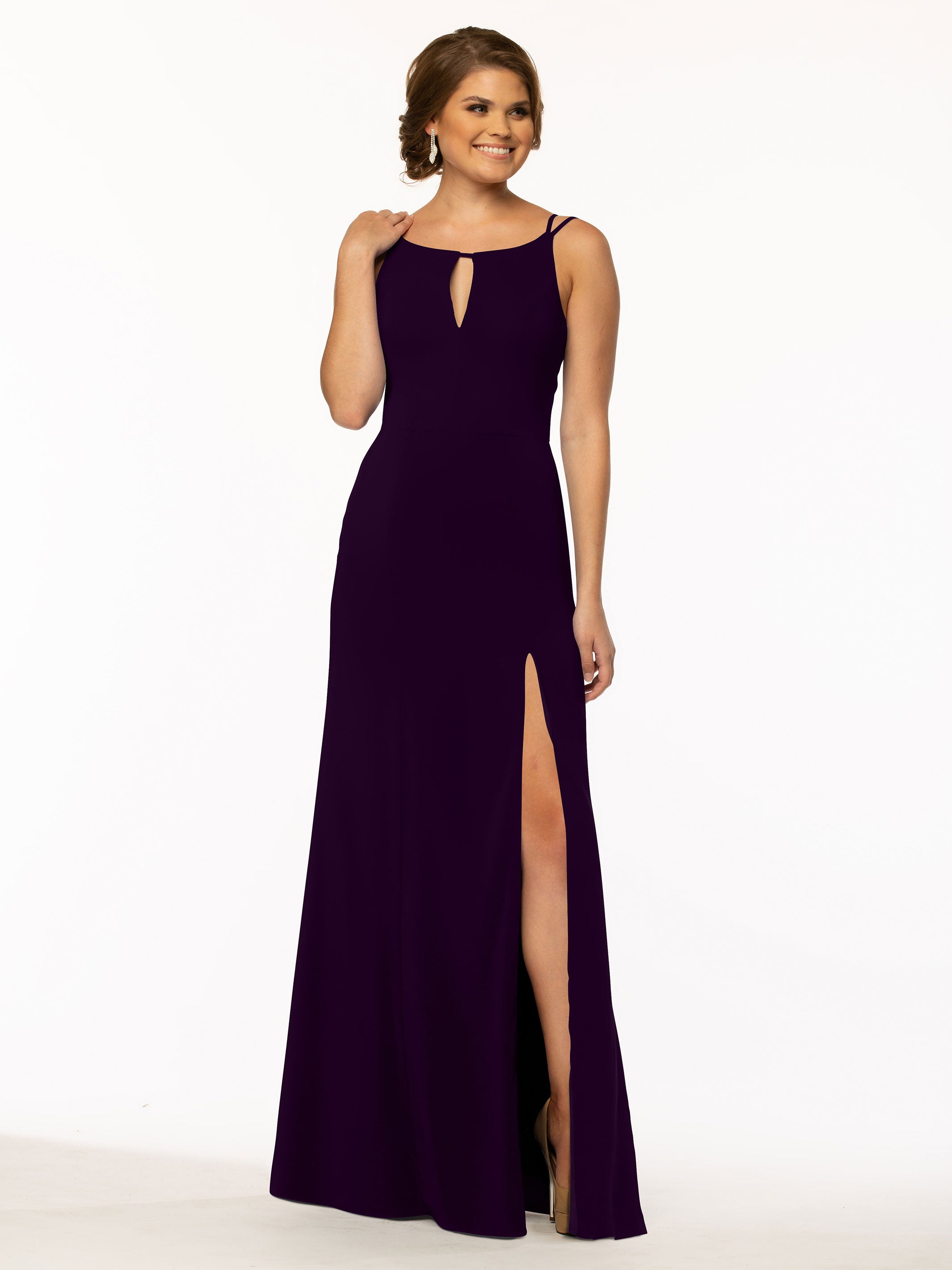 Elegant 83030 Sheath Stretch Chiffon Bridesmaid Dress with Bateau Neckline & Thigh Slit - Perfect for Weddings, Formal Events & Evening Parties