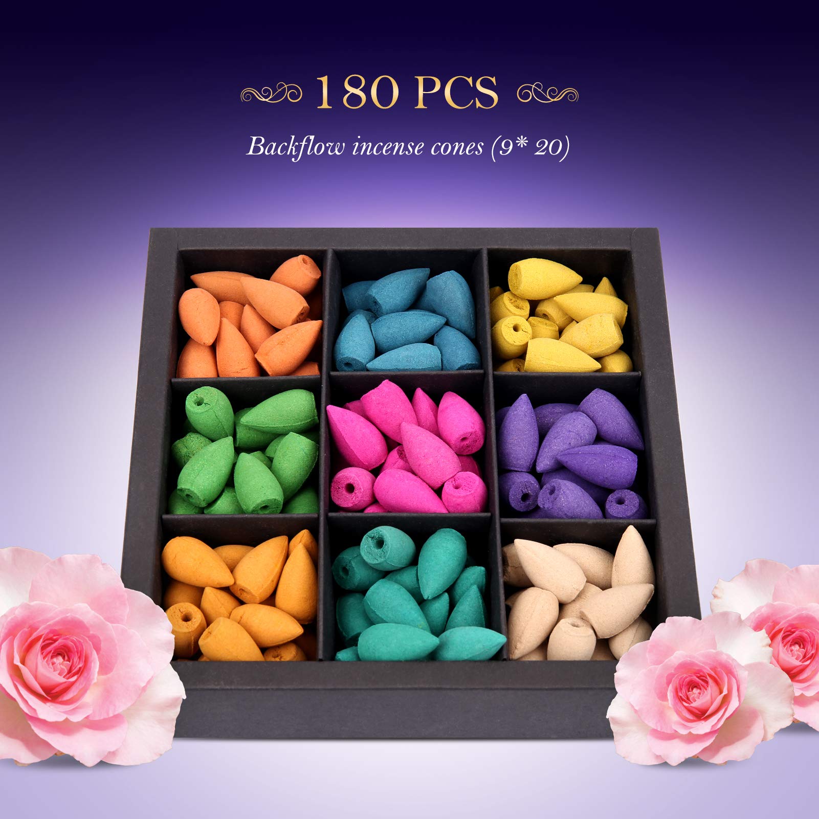OTOFY 180 Pcs Natural Backflow Incense Cones - Handmade Rose, Tulip, Jasmine & Lavender Scented Waterfall Incense for Meditation, Yoga, Aromatherapy | Perfect for Relaxation, Spa & Home Decor (Black & White)