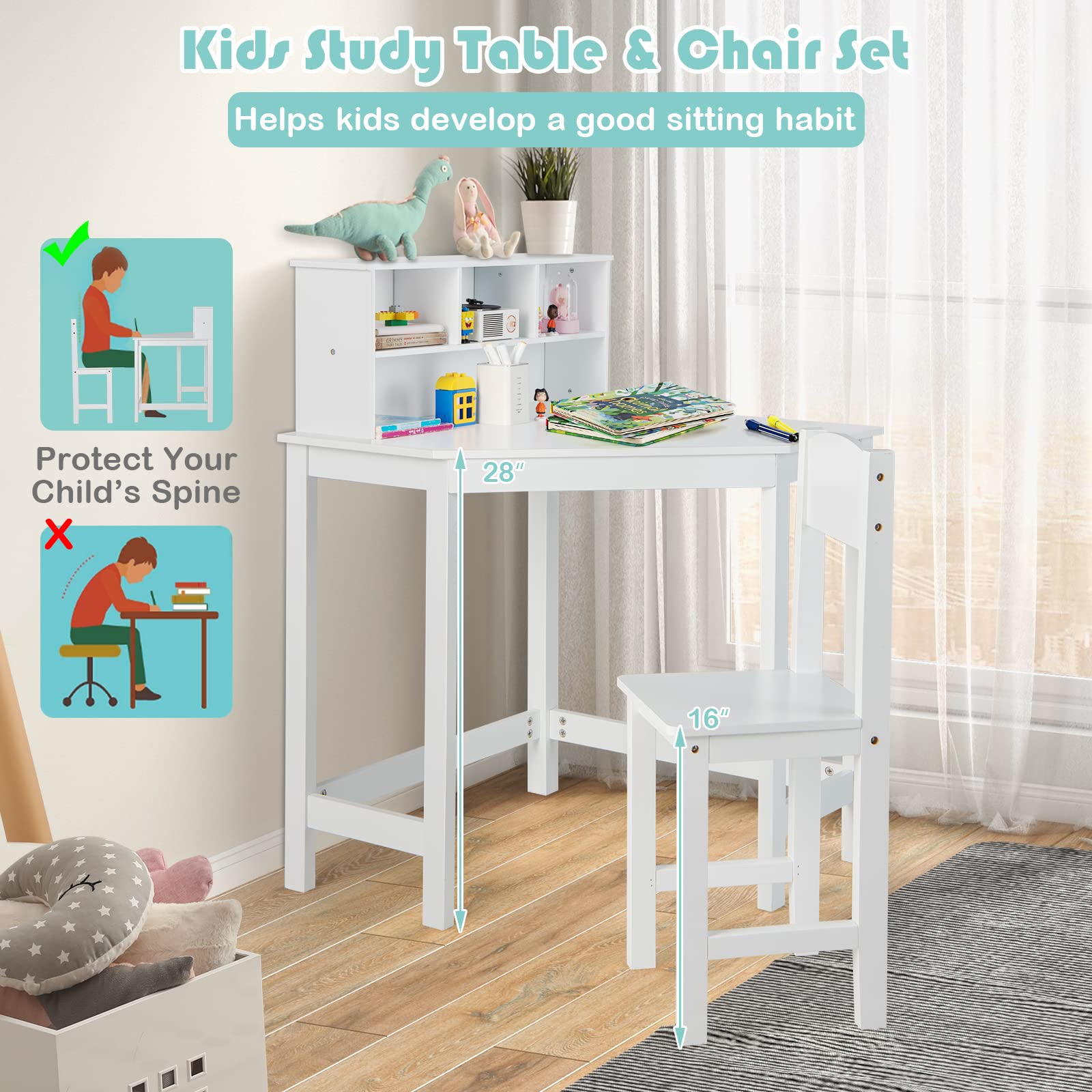 Costzon Kids Desk and Chair Set - White Study Table with Hutch for Small Spaces | Children's Bedroom & School Workstation | Space-Saving Computer Desk for Homework, Online Learning & Creative Activities