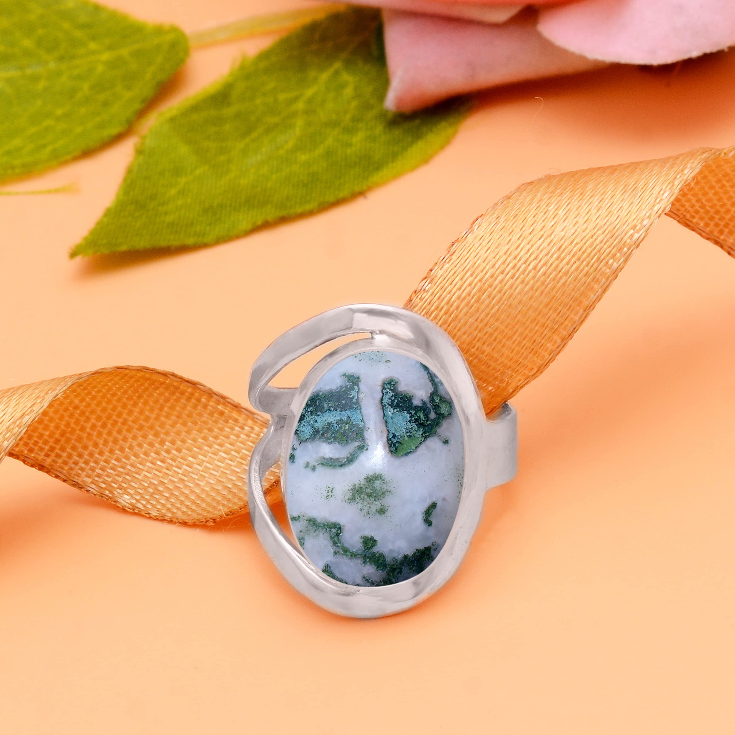 Veracity Jewelry Moss Agate Rings for Women - 925 Sterling Silver Healing Meditation Rings with Natural Green White Gemstone - VSR-160 | Spiritual Jewelry, Yoga Accessories & Gift for Her