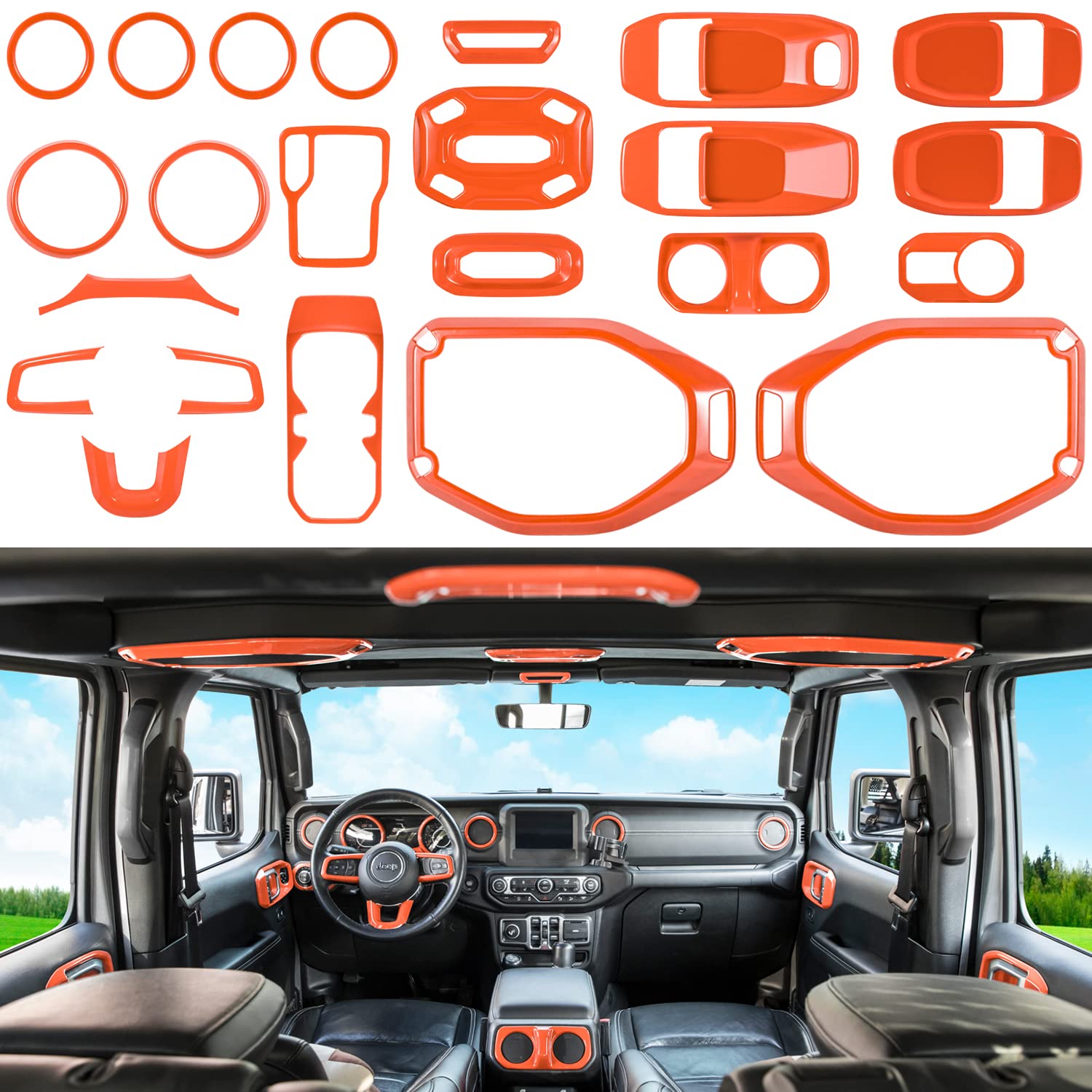 23PCS Full Interior Trim Kit for Jeep Wrangler JL JLU & Gladiator JT (2018-2023) - Steering Wheel, Door Handles, AC Vents, Cup Holders, Reading Lights - Orange Accent Upgrade for Off-Road & Daily Driving